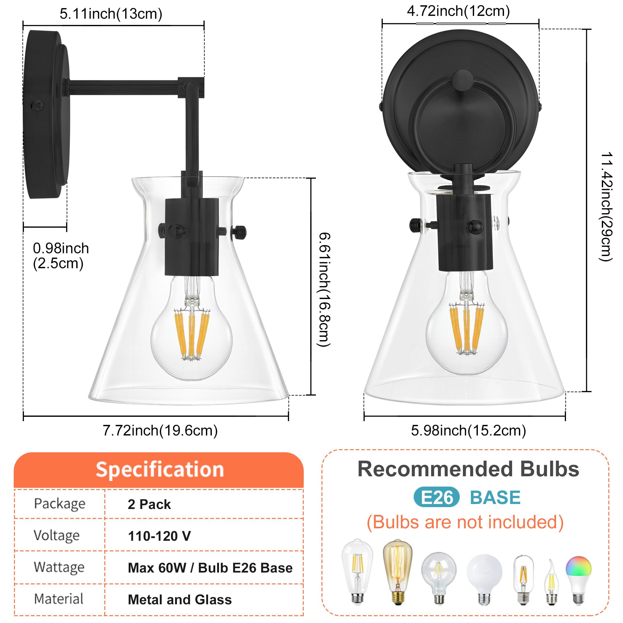 Gednbo Wall Sconces Set Of 2 Modern Vanity Light Fixtures For Bathroom Black Wall Mount Lighting Lamp Hardwired Farmhouse Wall Lights With 6 Inch Clear Glass Shade For Bedroom Living Room Mirror