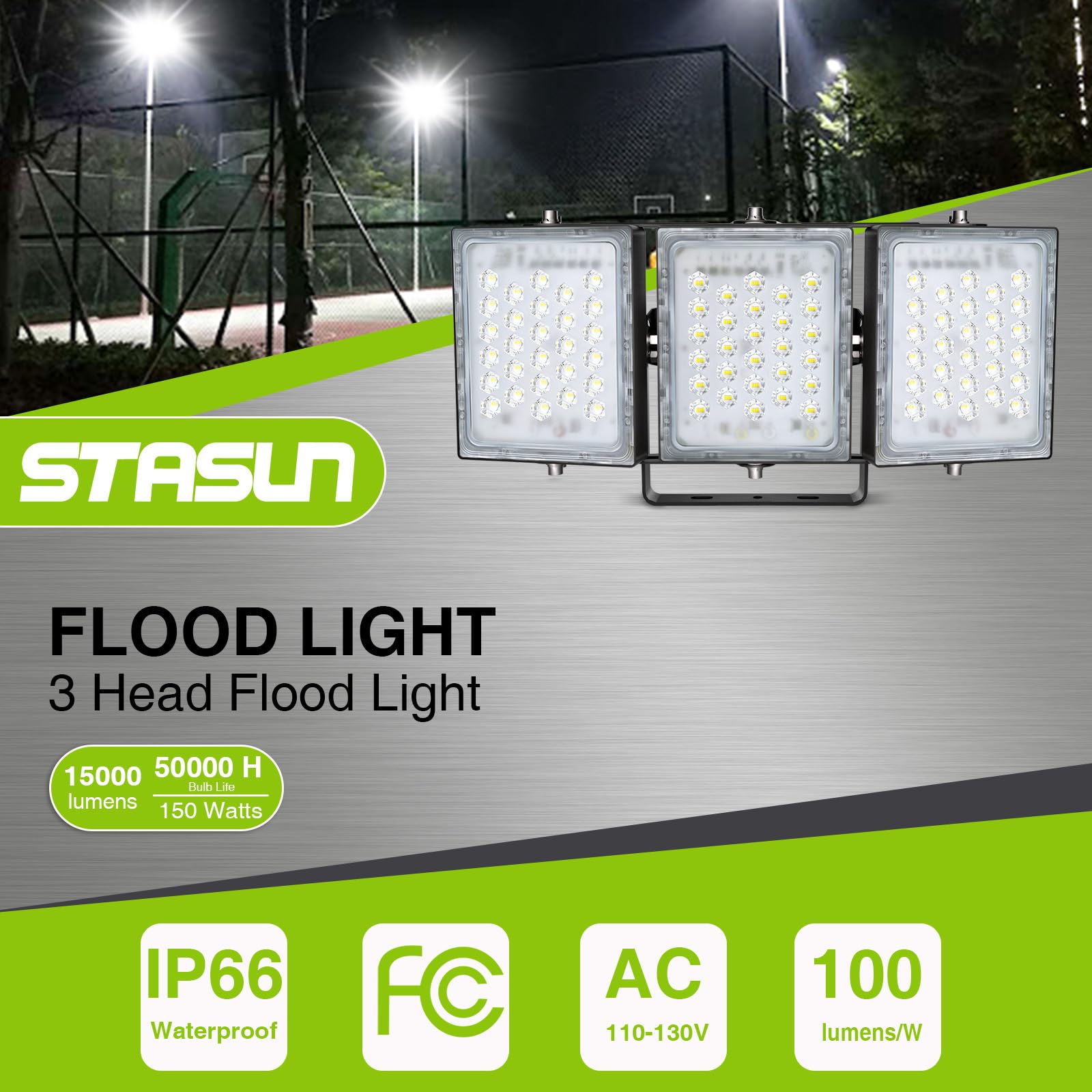 STASUN 150W LED Flood Light Outdoor, 13500lm, IP66 Waterproof, 6000K Daylight White, with 3 Adjustable Heads for Yard and Parking Lot