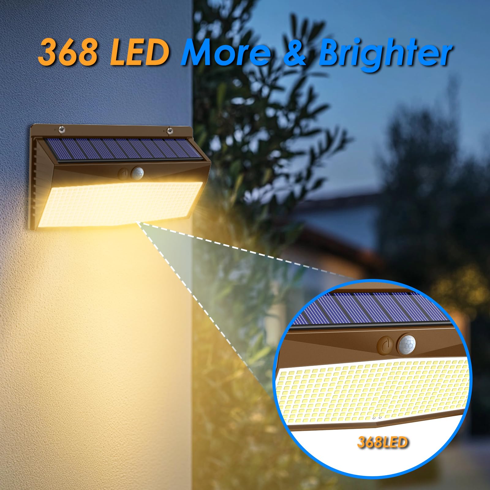 Peasur 368 LED Solar Lights - 2 Pack, Brown-Warm, Motion Sensor, Waterproof Outdoor Security Lights for Yard, Wall, Garden