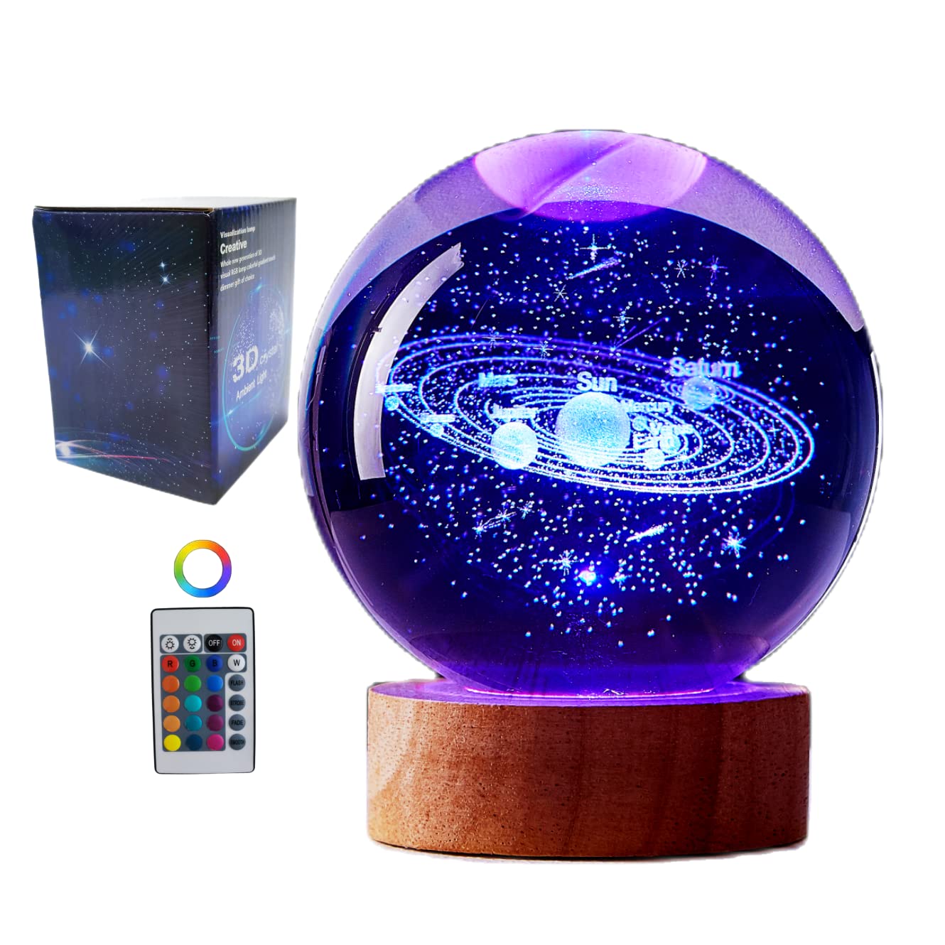 DIGFPWT 3.15 inch Solar System Crystal Ball lamp,3D K9 Crystal Ball Night Light with Wooden Base,16 Colors Change with Remote Co
