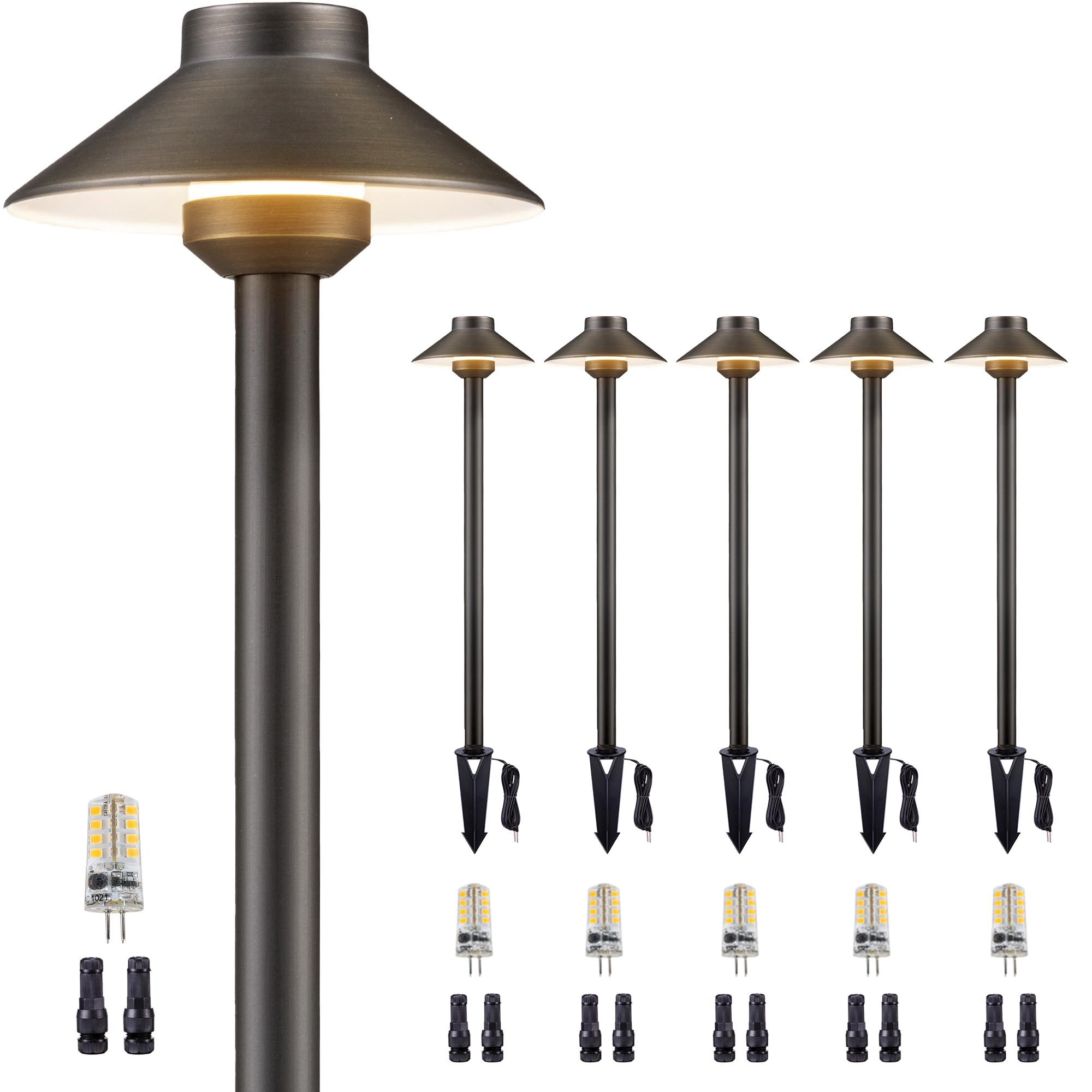 Gardenreet Low Voltage Landscape Lighting - Solid Brass Pathway Lights 12V, LED Path Lamp Waterproof, Hat Shaped Wired Bronze fo