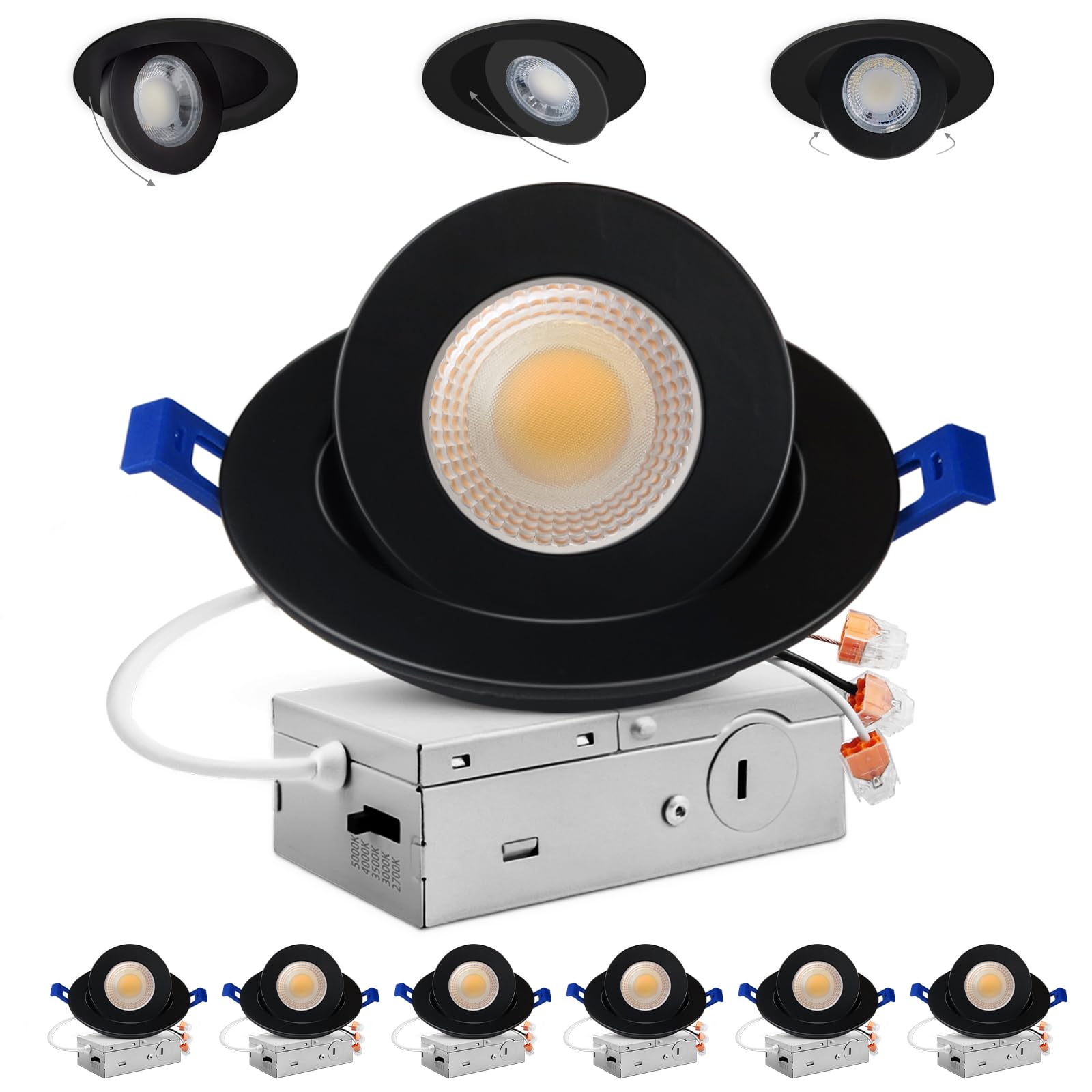 Adetu 4 inch 5CCT Gimbal Black Led Recessed Lights, 360+90 Adjustable Directional Recessed Lighting, 2700K/3000K/3500K/4000K/500