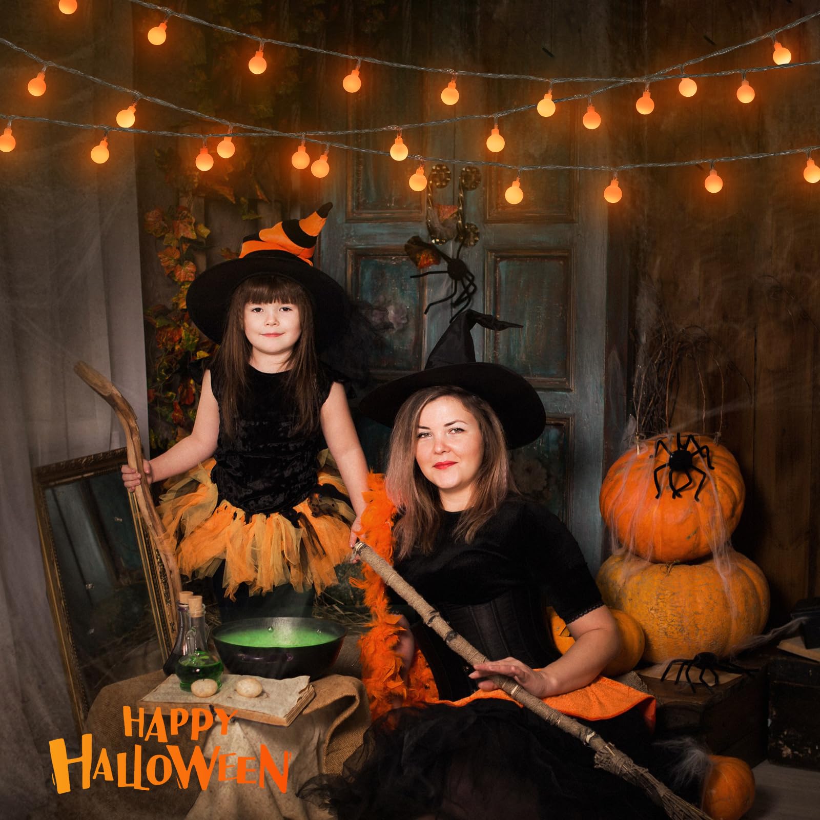 JMEXSUSS Orange Halloween String Lights Indoor, Connectable 100 LED Globe String Lights Plug in with Remote, 33ft 8 Modes Orange