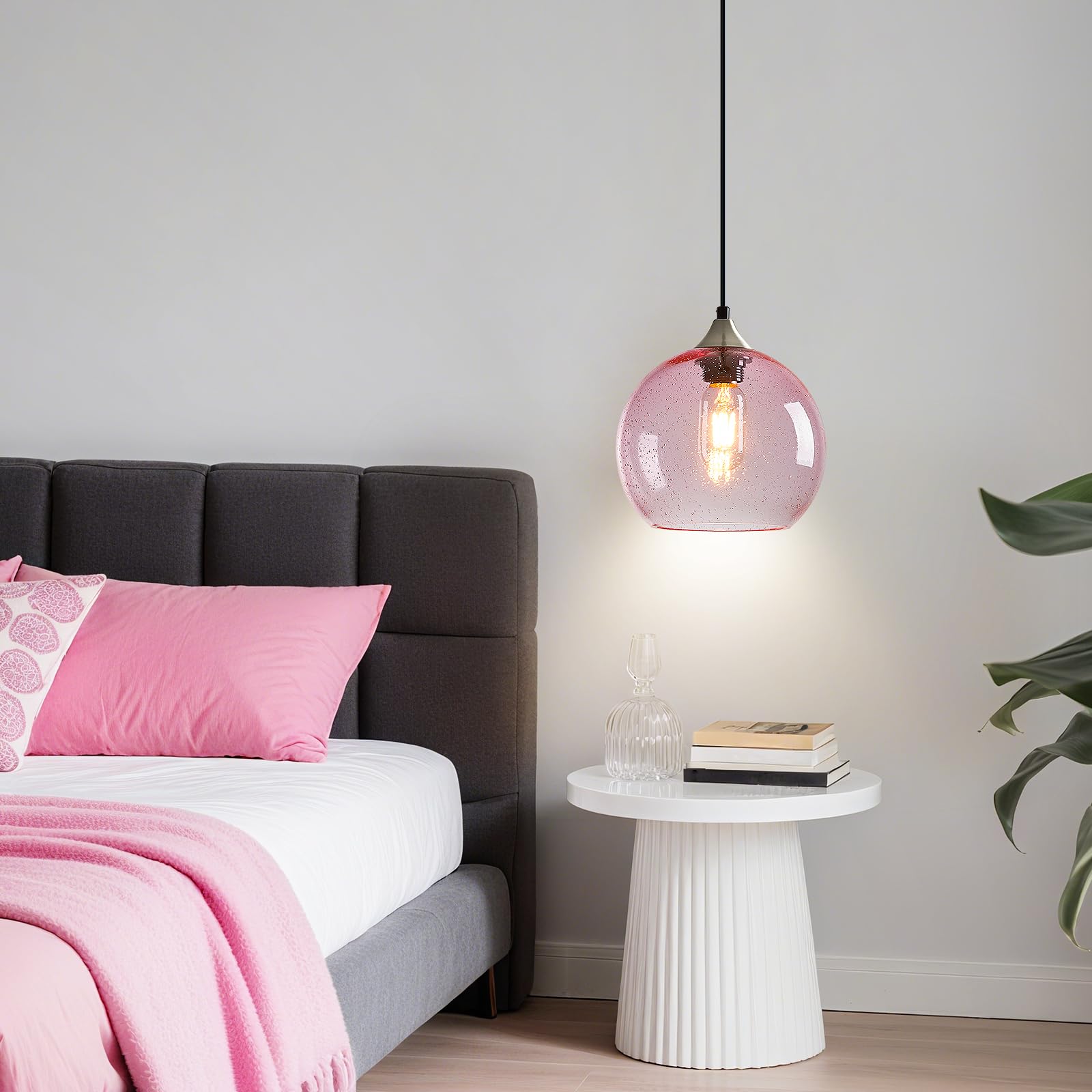 Lbsqj Pink Glass Pendant Lights Kitchen Island Lighting Globe Pendant Light Fixtures Modern Pendant Lighting For Bedroom Living Dining Room Light Fixture (7.87 In  2 Pack)
