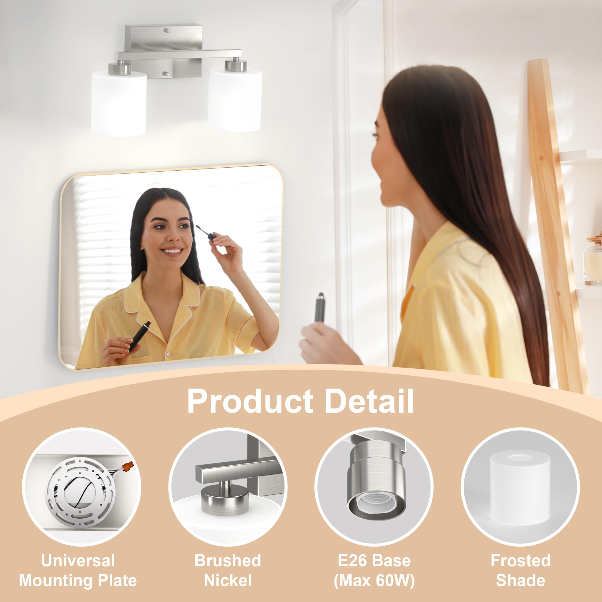 Honesorn Bathroom Vanity Light, 2-Light Brushed Nickel, Modern Design, Frosted Shade, Wall Mounted, Model TK-JQD-MS-YS-2