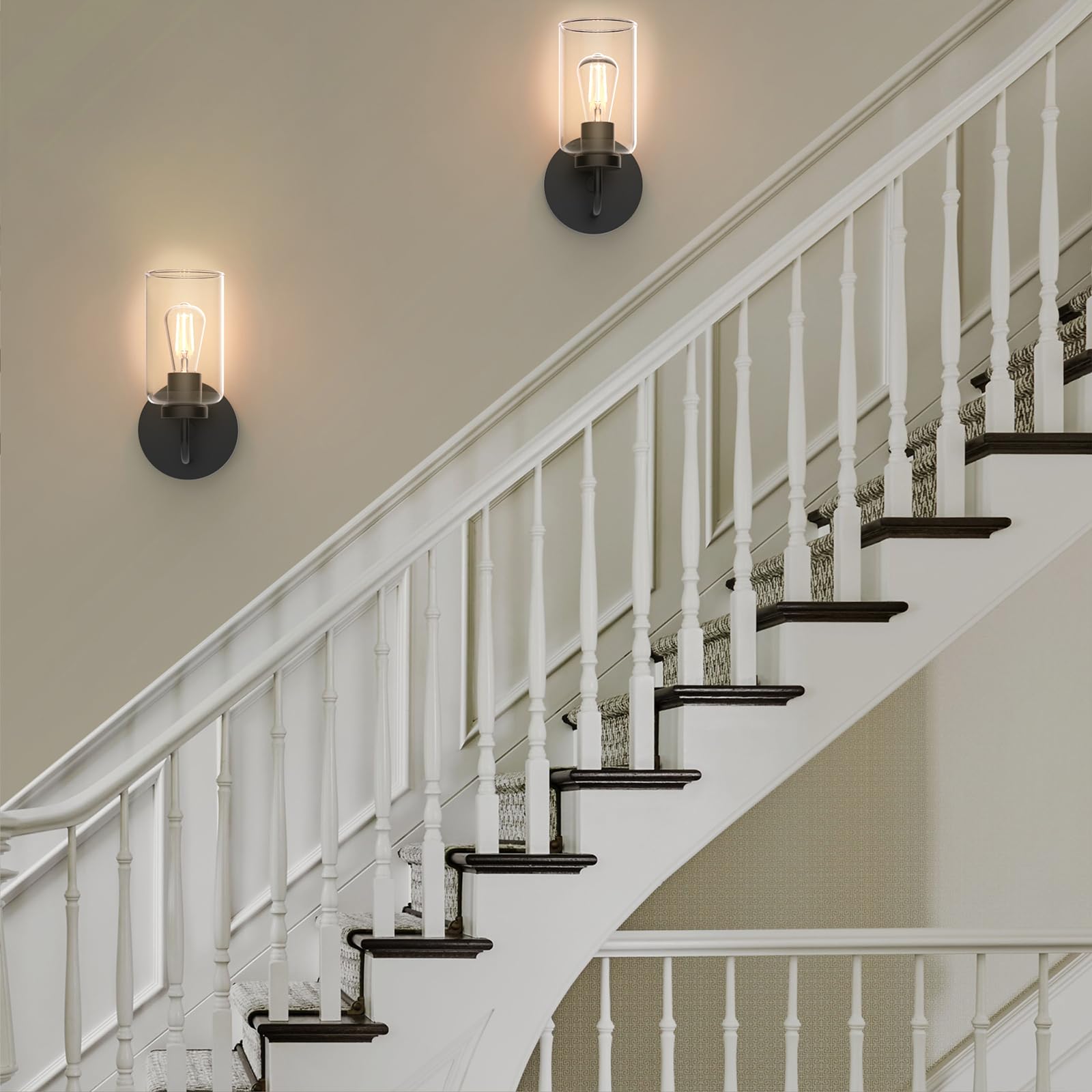 Zevluck Wall Sconces Set Of 2 - Modern Black Metal Light Fixtures With Clear Glass Shade For Bathroom, Bedroom, Living Room, Hardwired