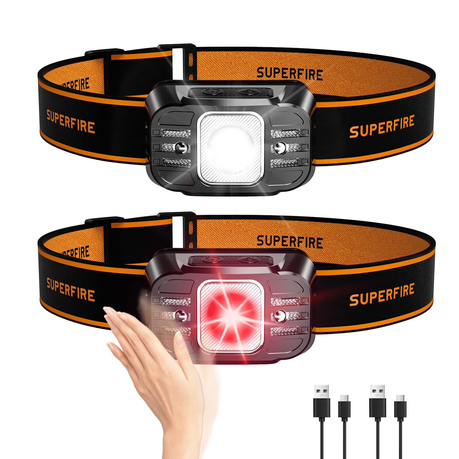 SuperFire Headlights for Head, Led Headlamp Rechargeable with Red Light, 7 Light Modes, IP 44 Waterproof Motion Sensor Head Flas