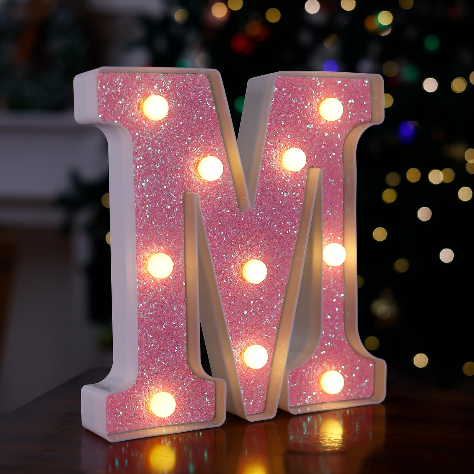 TRONSBOO LED Letter Light - Pink Glitter Marquee Sign, Battery Powered, 8.11x8.58x1.57 inches, Model Pink-Light-M