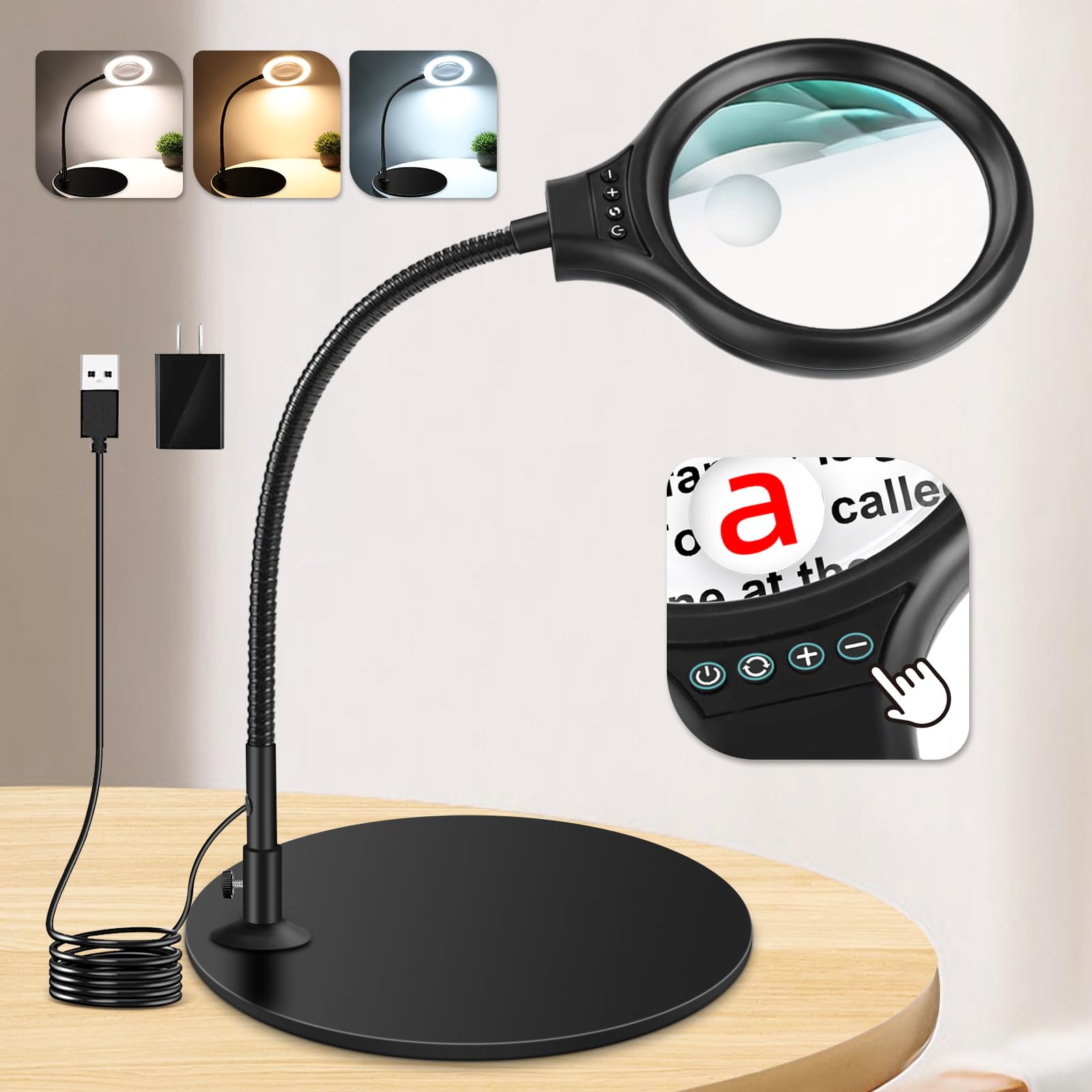 NZQXJXZ 10X 20X Desk Magnifying Glass with Light and Stand, Magnifying Lamp with 3 Color Modes Lighted Magnifying Light for Craf