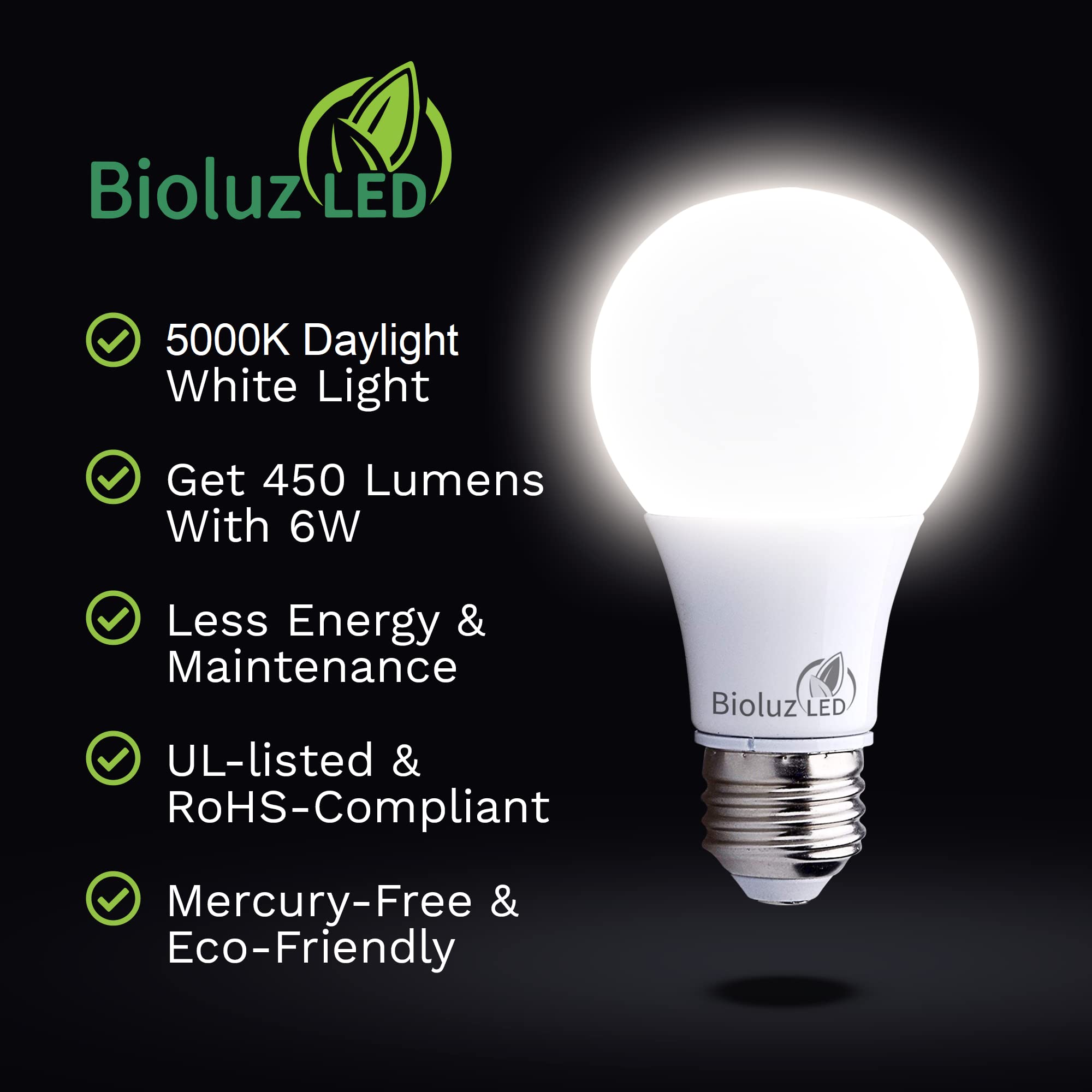 Bioluz LED A19 Light Bulbs 40W Equivalent 5000K Daylight Non-Dimmable 48-Pack Plastic
