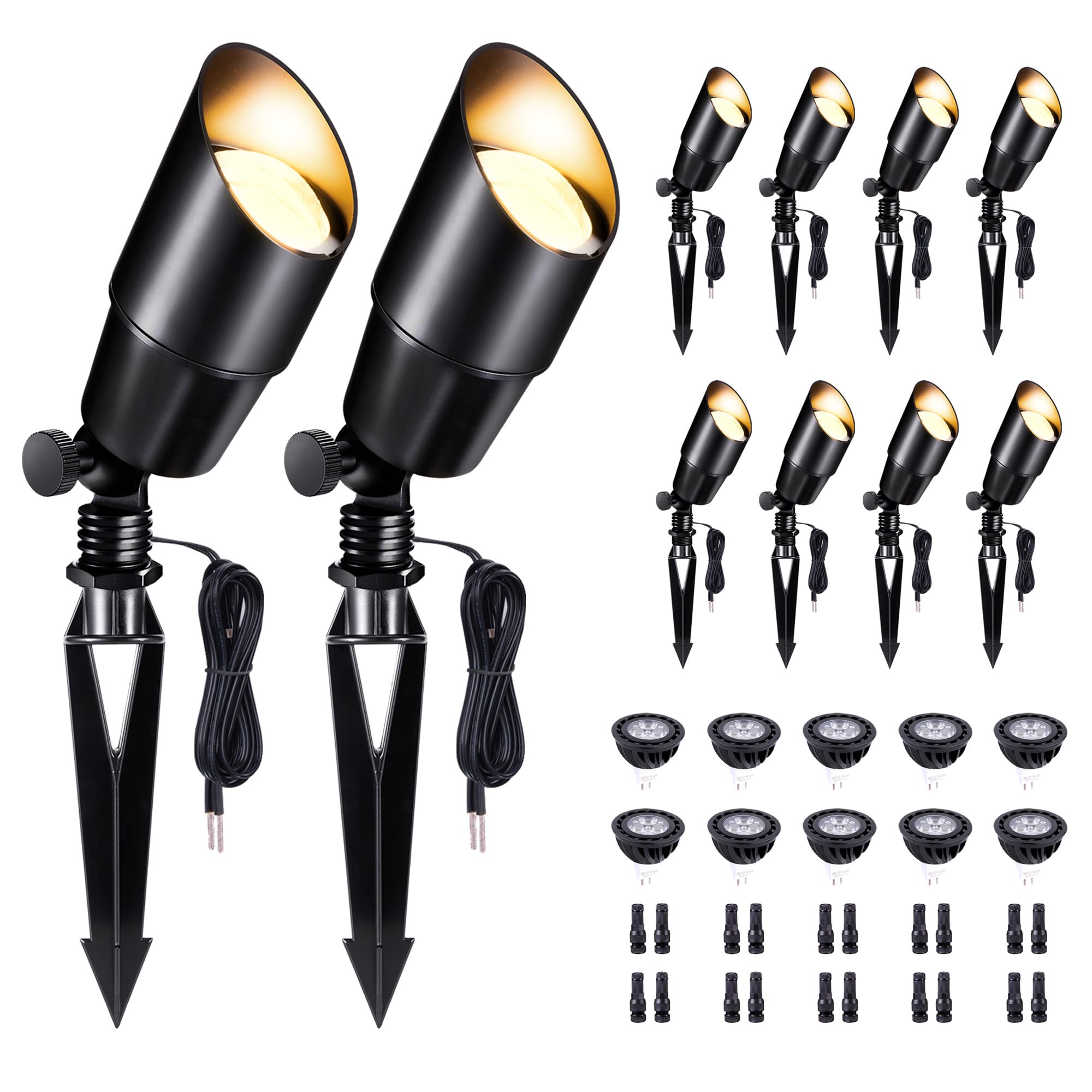 Varmtalys Low Voltage Spotlight, 12V Waterproof Aluminum Uplight, 5W MR16 Bulb, 4000K, Black, 10 Pack, Model AL2101