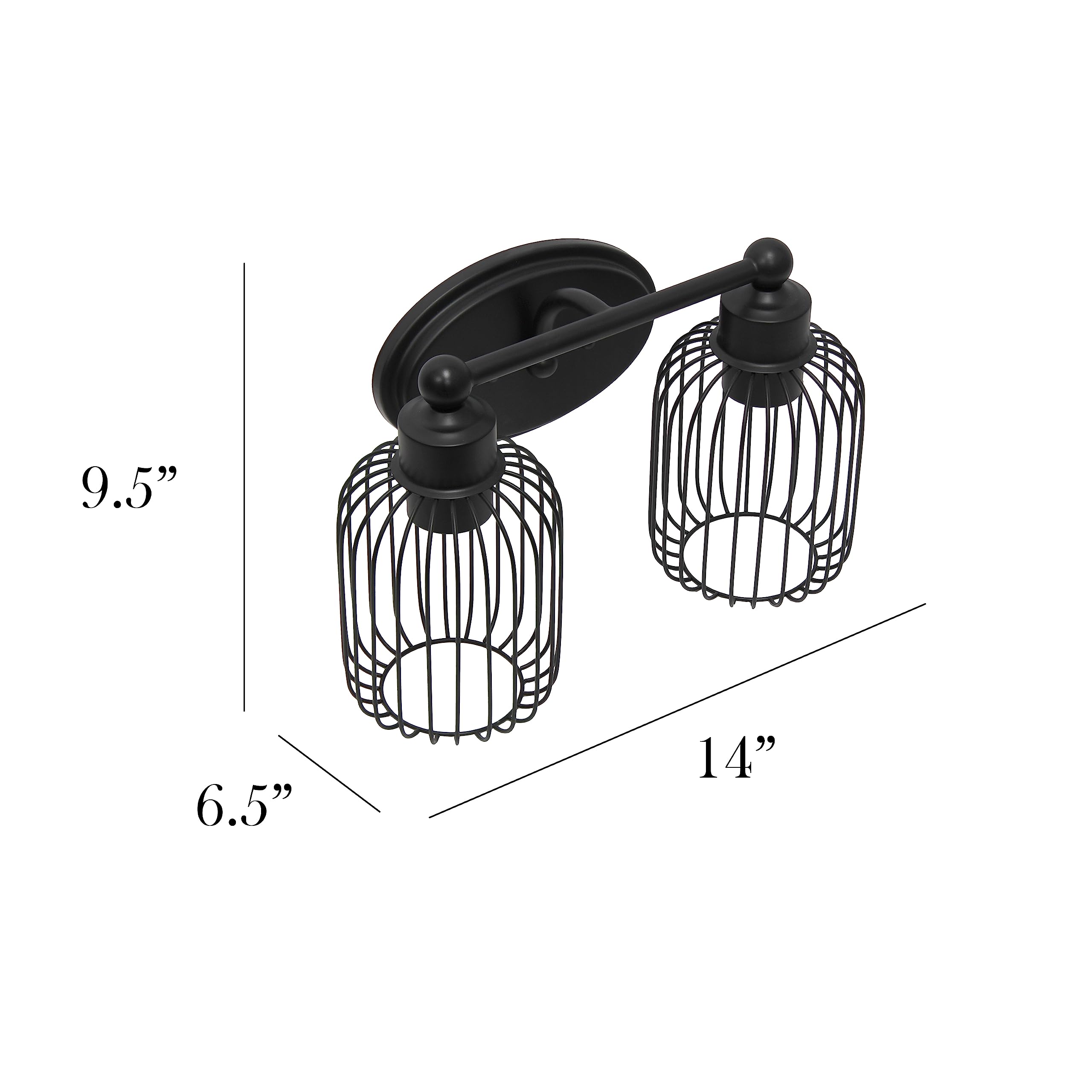 Elegant Designs Vt1021-Blk 14 Black Iron Industrial Farmhouse Wall Vanity Fixture With Metal Birdcage And Oval Backplate
