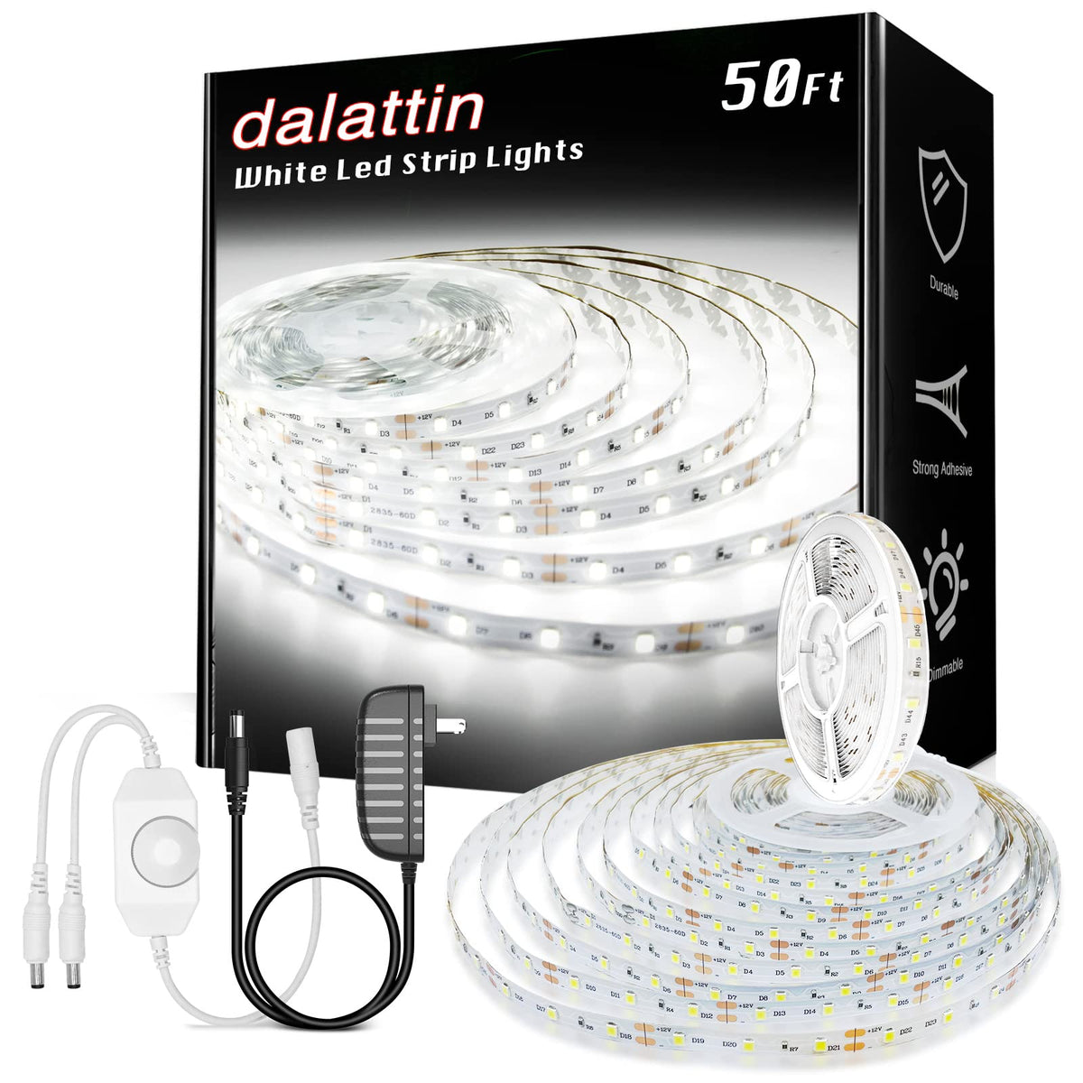 Dalattin White Led Strip Lights 50Ft Dimmable Bright 24V Led Light Strip 6500K Daylight White 900 Leds Lights For Bedroom, Mirro