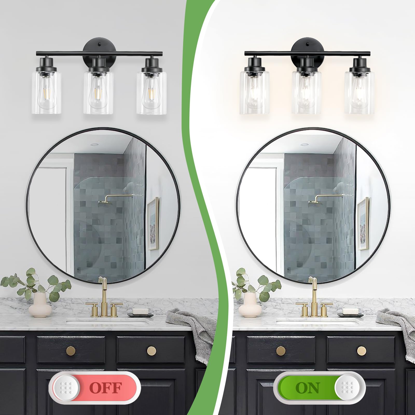 Guliaofo 3-Light Bathroom Vanity Light Fixture, Matte Black, Metal, Clear Glass Shade, Model Gu-111-QGH-3