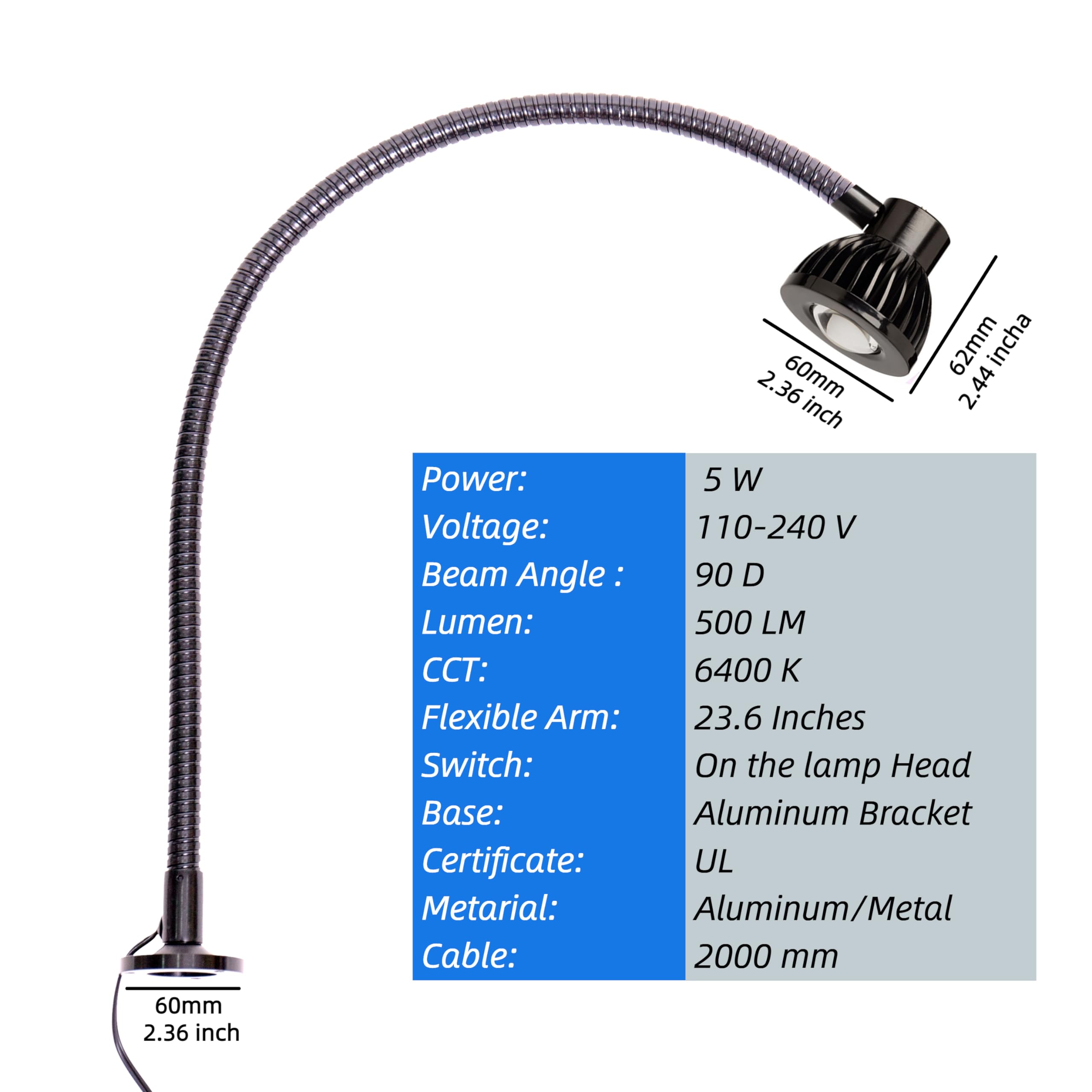 Binfu 5W Cob Led Work Light For Milling, Lathe, Work Bench Led&quot;Gooseneck&quot; Lamp