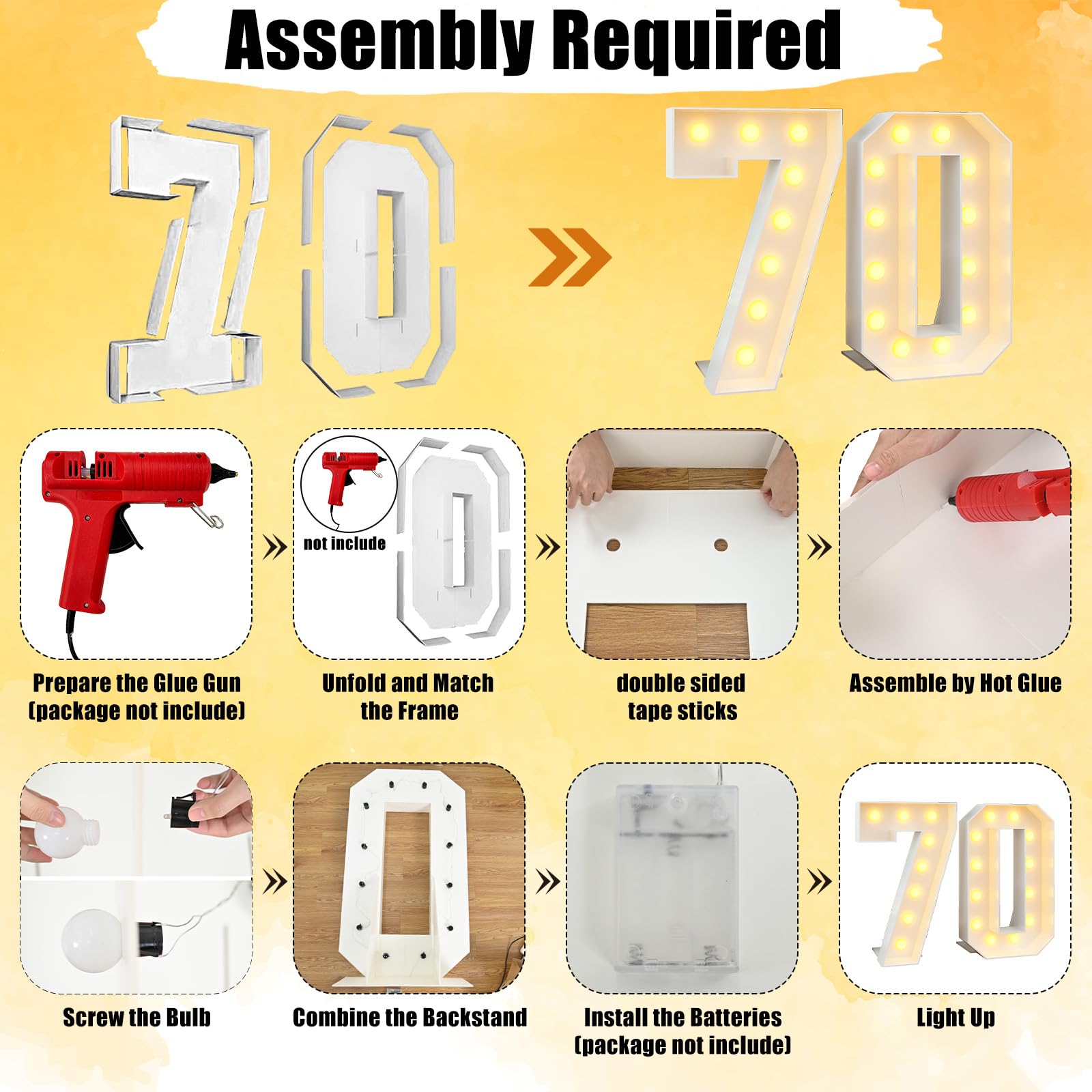 Paeyeq 4ft Light Up Numbers 70 with White Marquee Frame for 70th Birthday Decorations, Cardboard with Lights