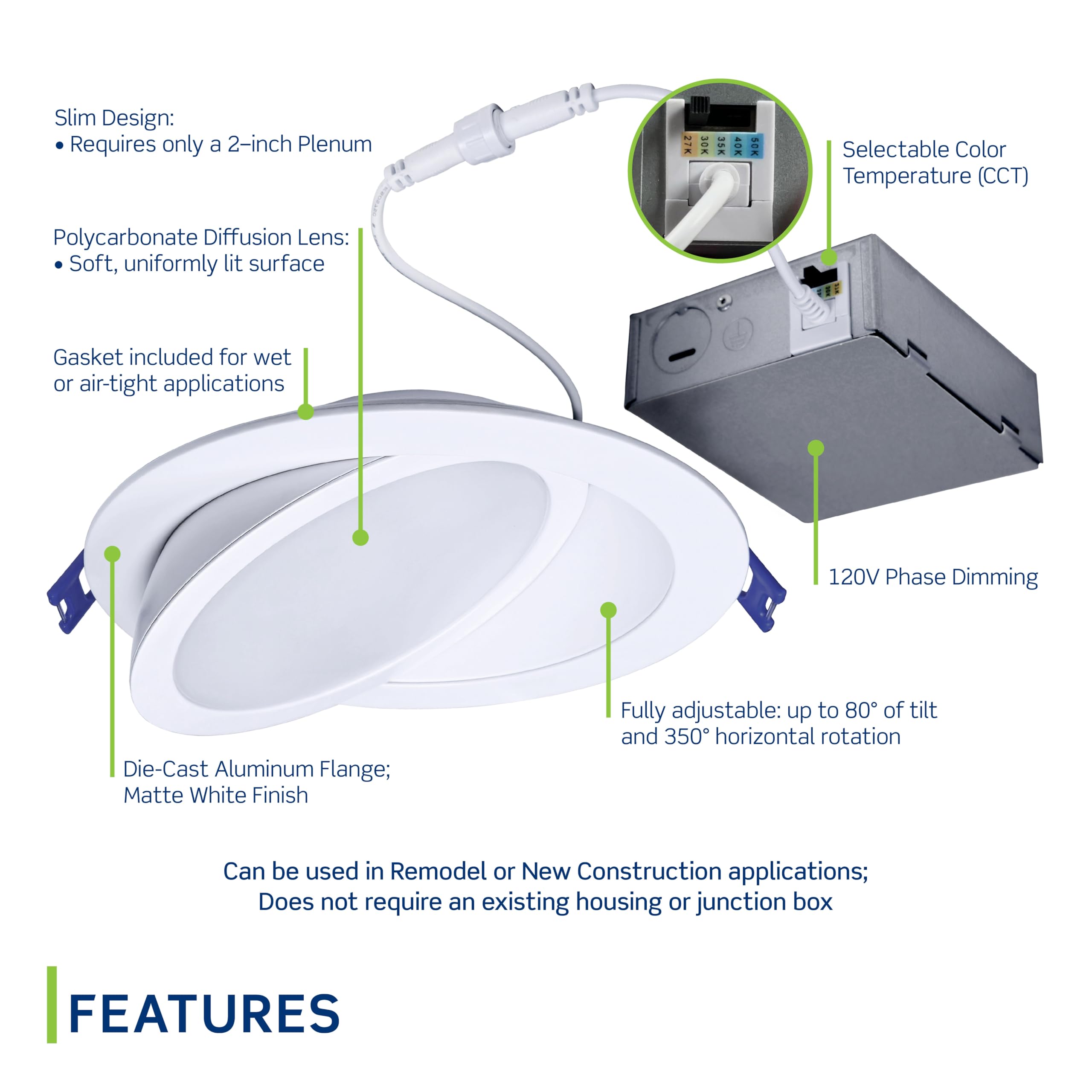 Leviton Adjustable Slim Downlight With Selectable Cct, 6'' Round, White, Dar60-S1W