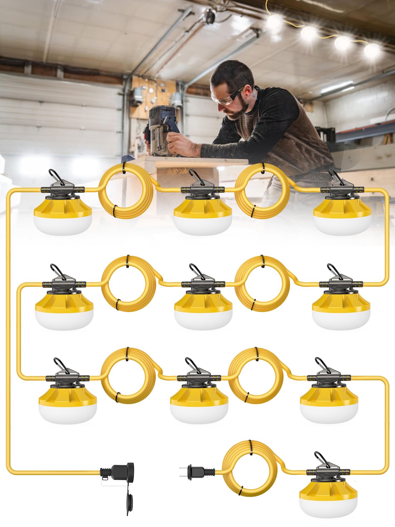 HYPERLITE Construction String Lights: 100FT 10 Bulbs String Work Lights with Climbing Hooks - IP65 Waterproof Linkable LED Const