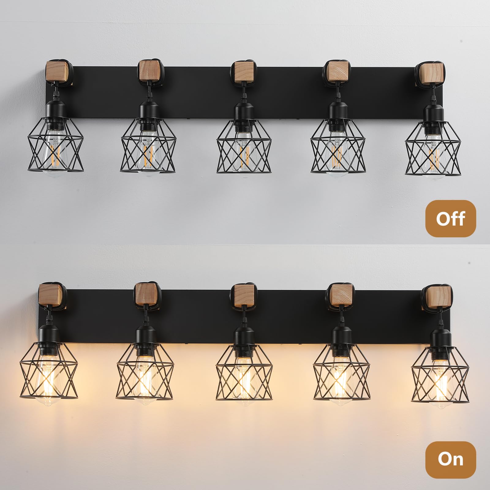 Farmhouse Vanity Light Fixture 5-Light Bathroom Lighting Black Industrial Wood Wall Light Over Mirror With Metal Shade Led Bulbs Not Included