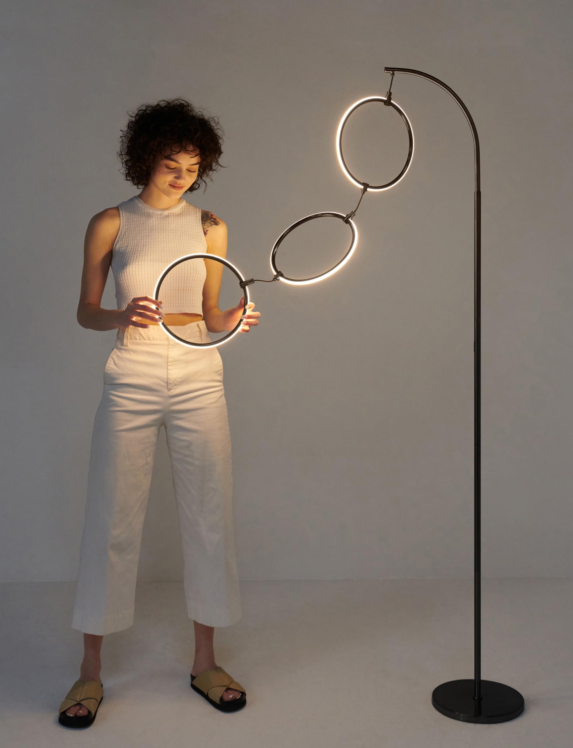 Brightech Nova Modern Floor Lamp Matches Living Room D  Cor - Contemporary Arc Tall Lamp With 3-Circle Ring-Style Pendant - Over