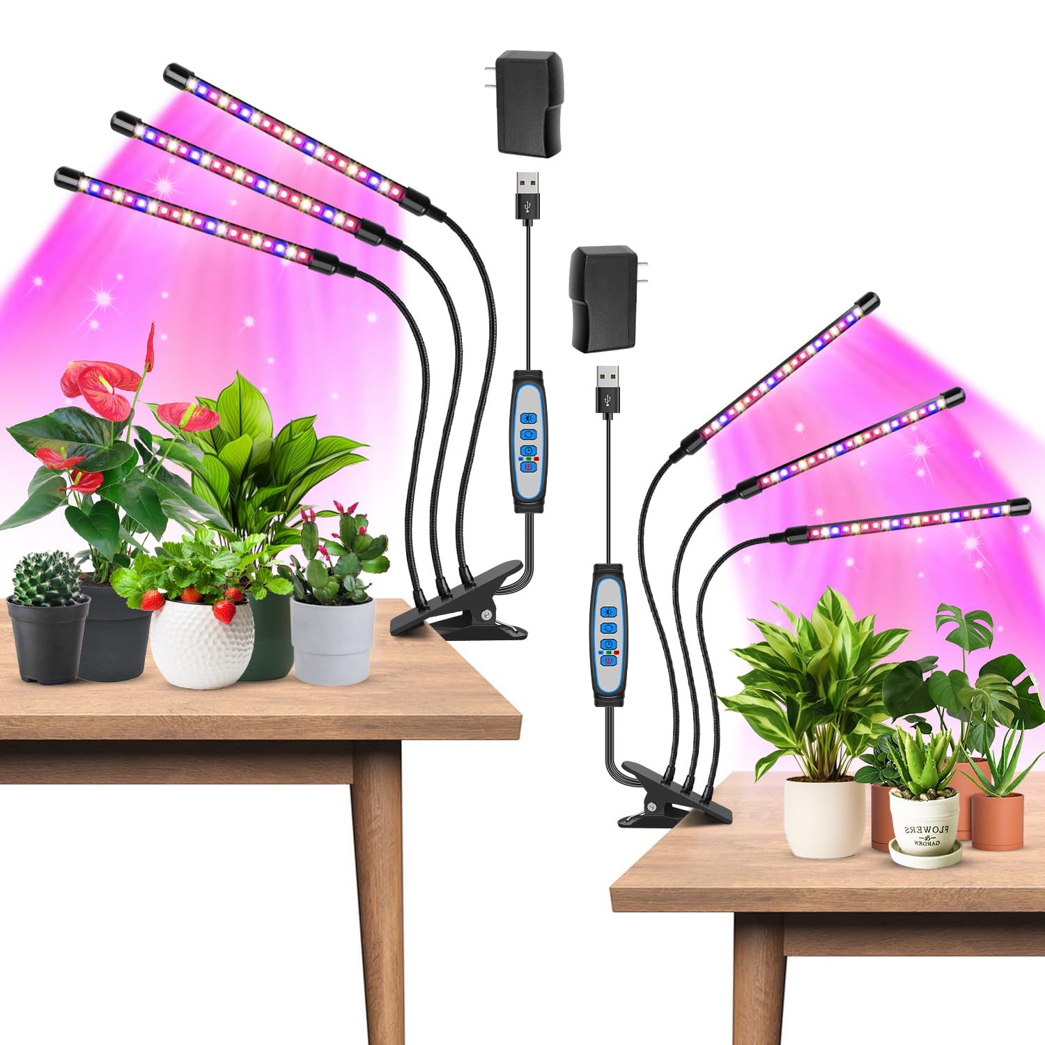 Garpsen LED Grow Light, 2PCS 3-Head Full Spectrum Plant Light with Timer & Dimmable Levels, Red/Blue/Warm White for Indoor Plants