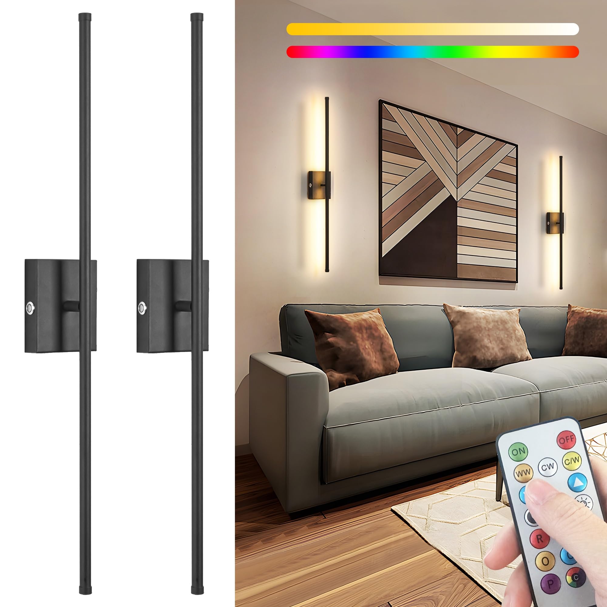 31.5 inch Battery Operated Wall Sconce Set of 2, 10000mAh Rechargeable Wall Light with Remote Control, RGB Dimmable Wireless Sco