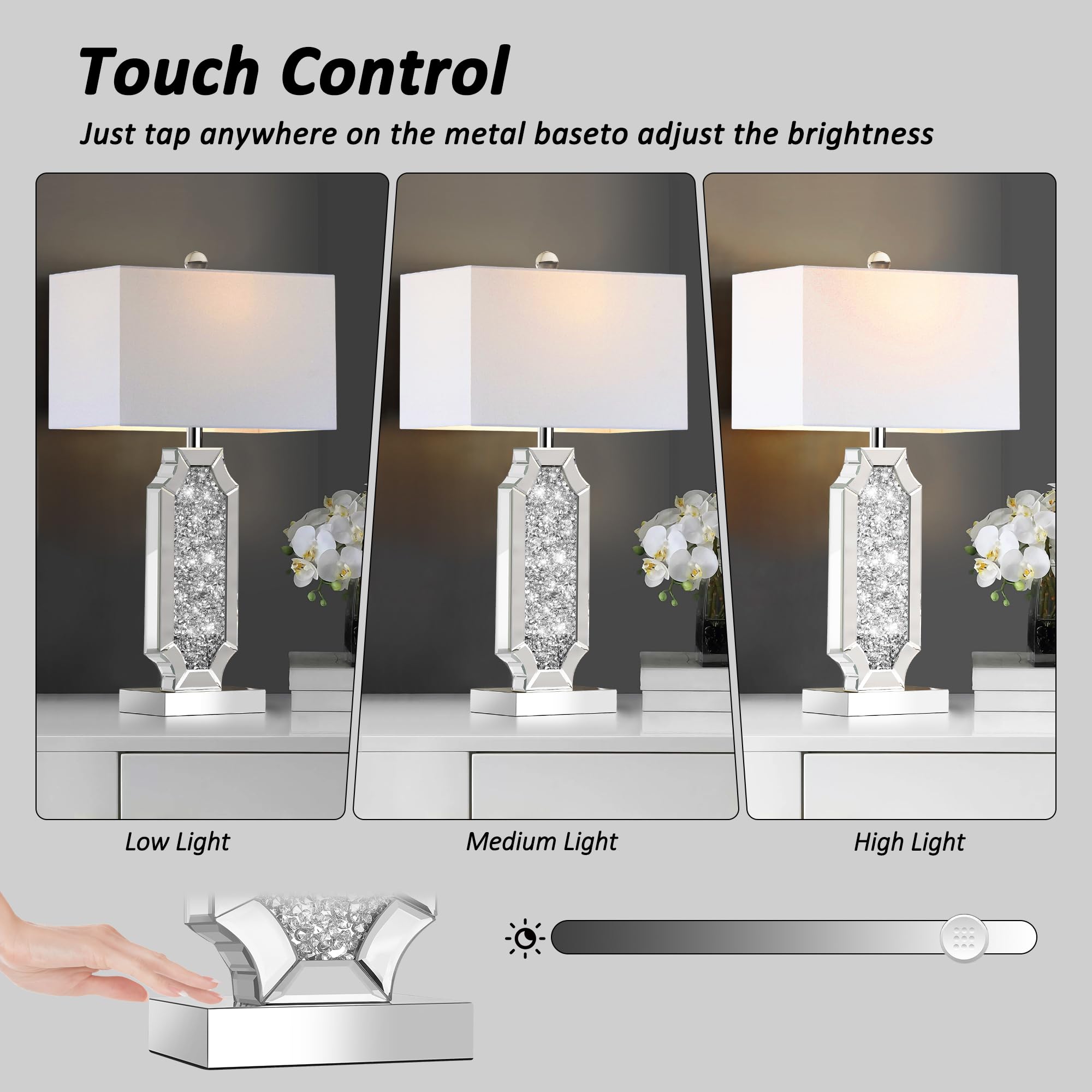 Hamucd 3-Way Dimmable Touch Bedside Table Lamps Set of 2, Silver with USB Ports, Tall Modern Nightstands for Living Room, Includes 2 Bulbs