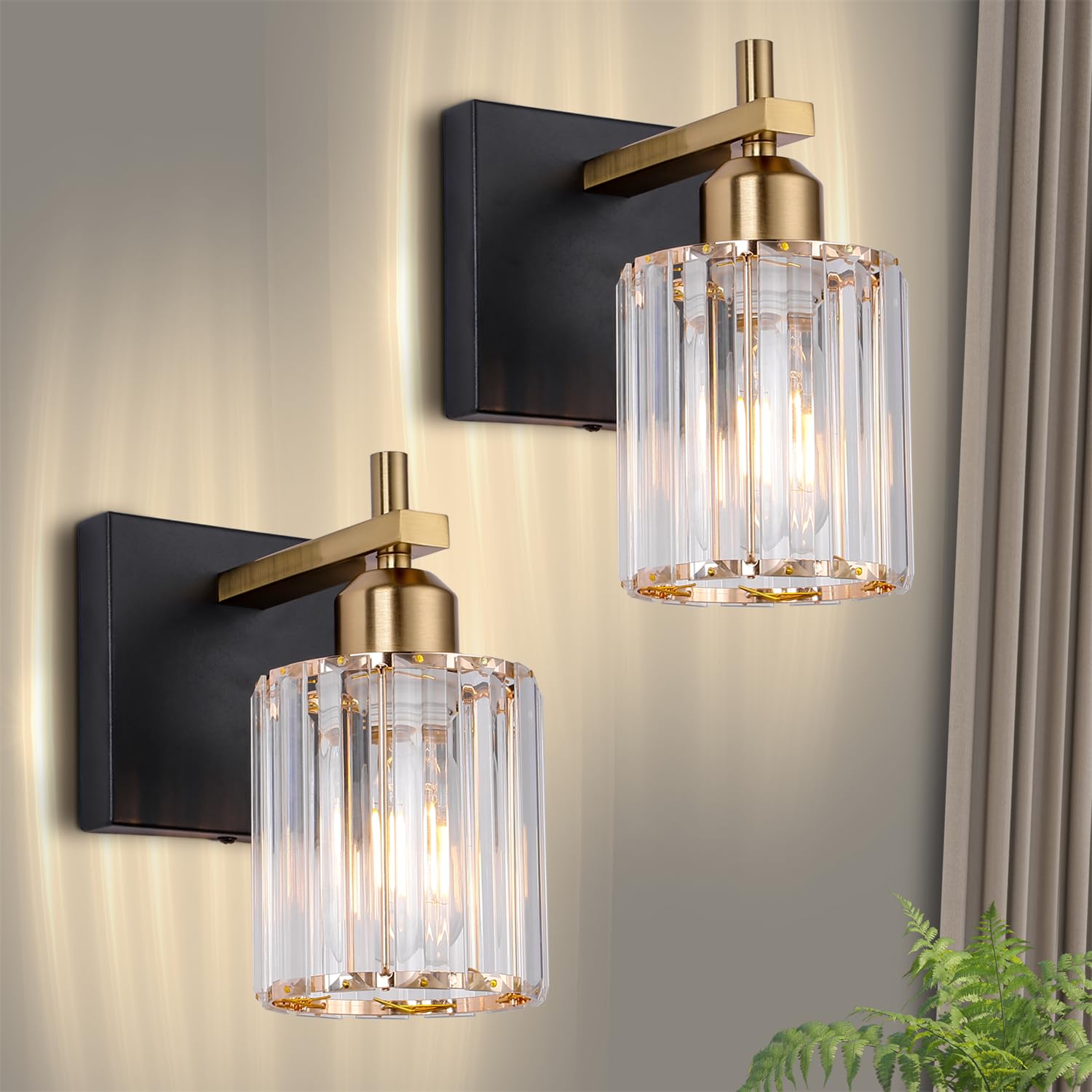 Black Gold Wall Sconces Set of 2: Modern Vanity Lights with Crystal Glass Shade  Bathroom Sconces Set of Two  Crystal Wall Light Fixtures for Bath Mirror Living Room Bedroom Hallway Kitchen  E26 Base