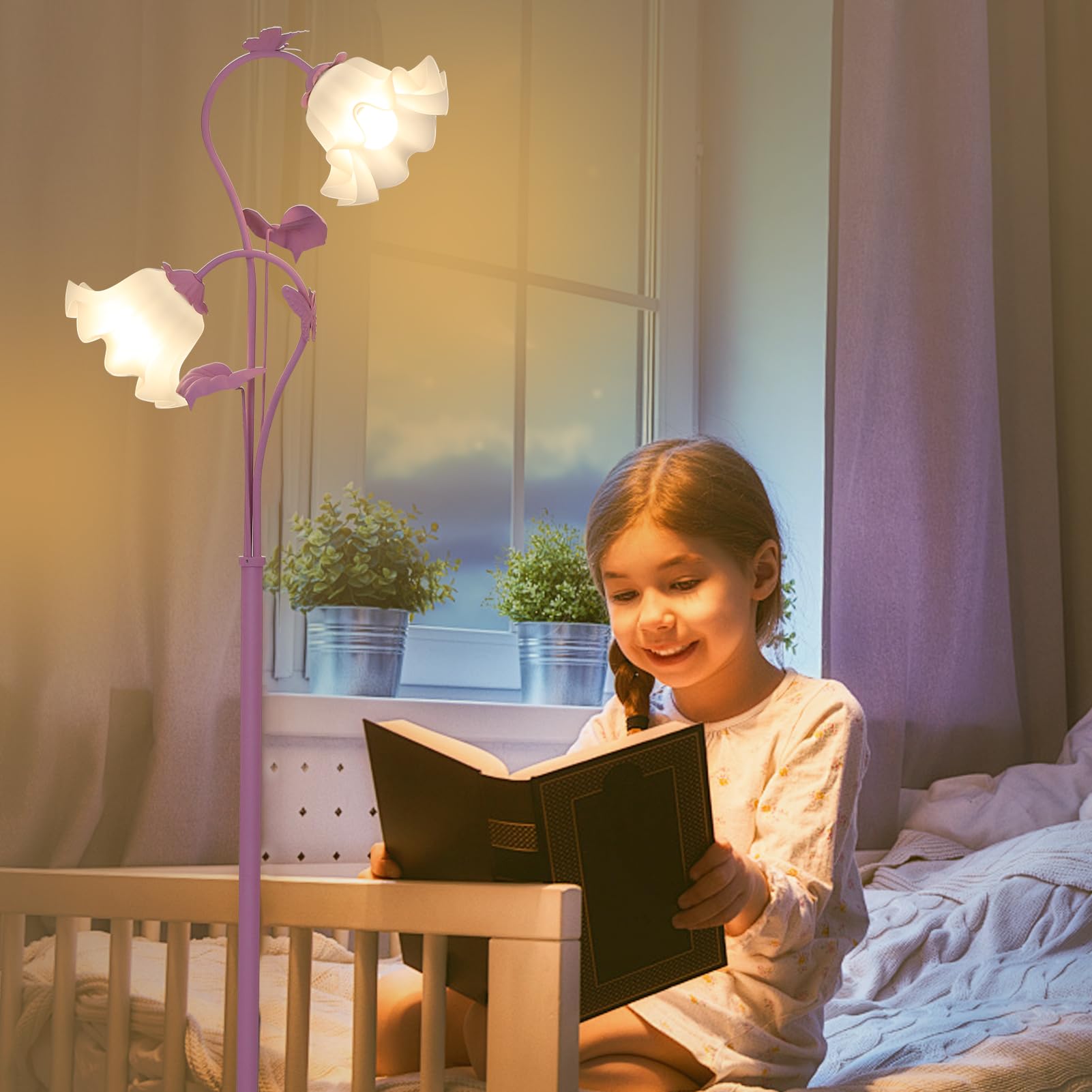 HMVPL Purple Floral Floor Lamp - Cute Lotus Design with 2 LED Bulbs, Foot Switch, Ideal for Bedroom or Nursery, Model 240601D1