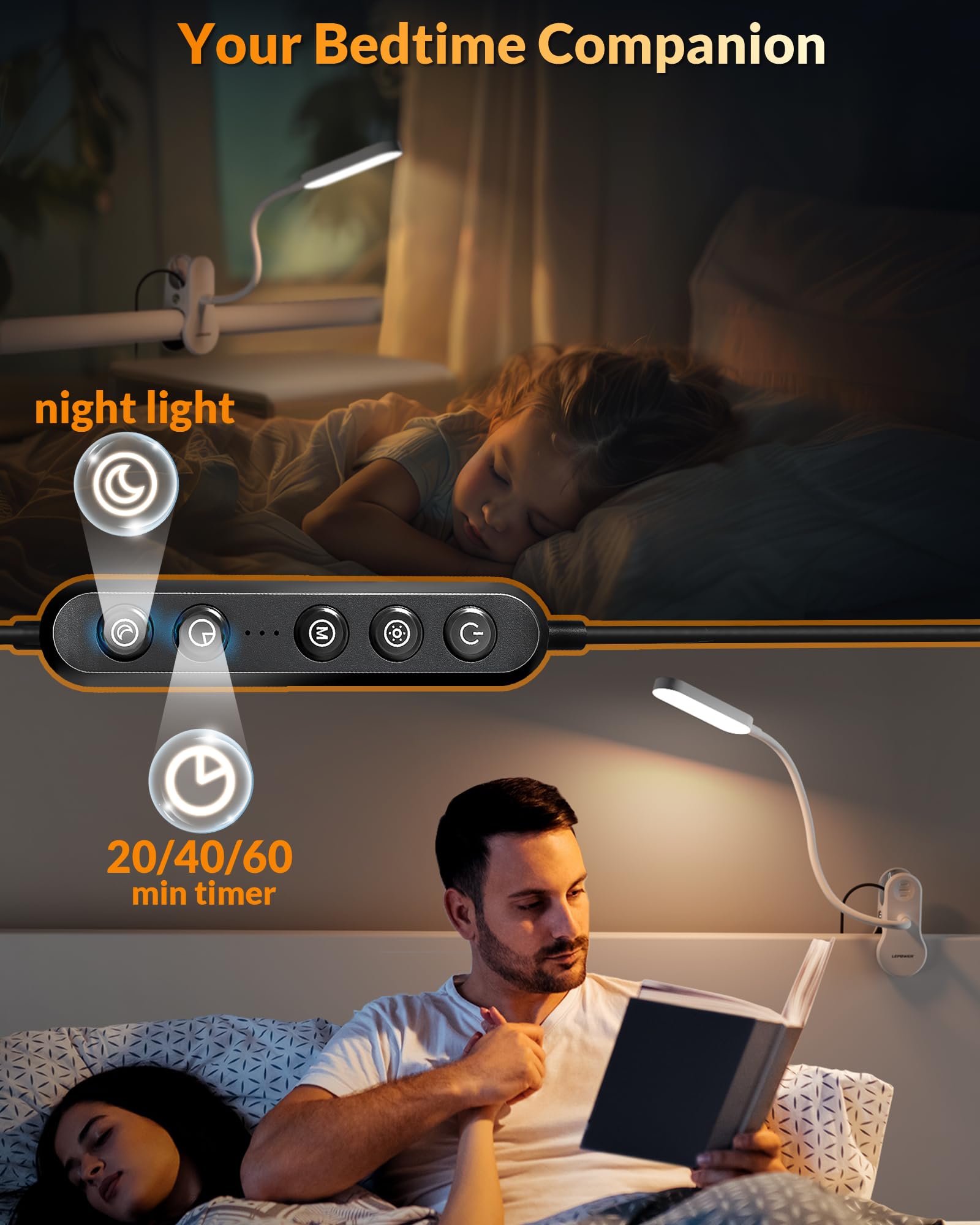 Lepower Clip On Light, 60 Led Reading Lights For Books In Bed, With 25+ Lighting Options, 3 Timer, Night Light Function, Eye-Car