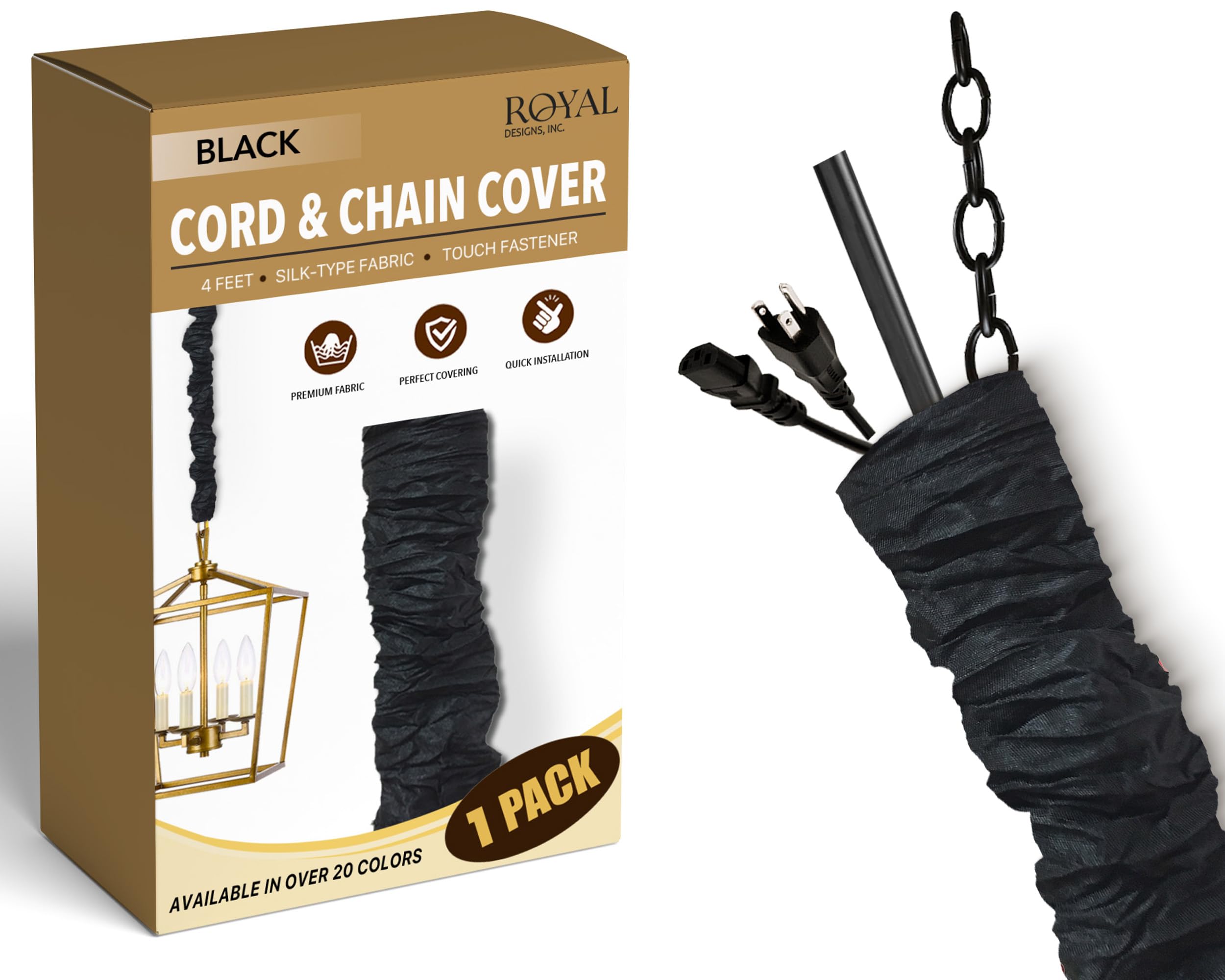 Royal Designs, Inc. CC-17-BLK Black Cord & Chain Cover 4' Silktype Fabric Touch Fastener, Black