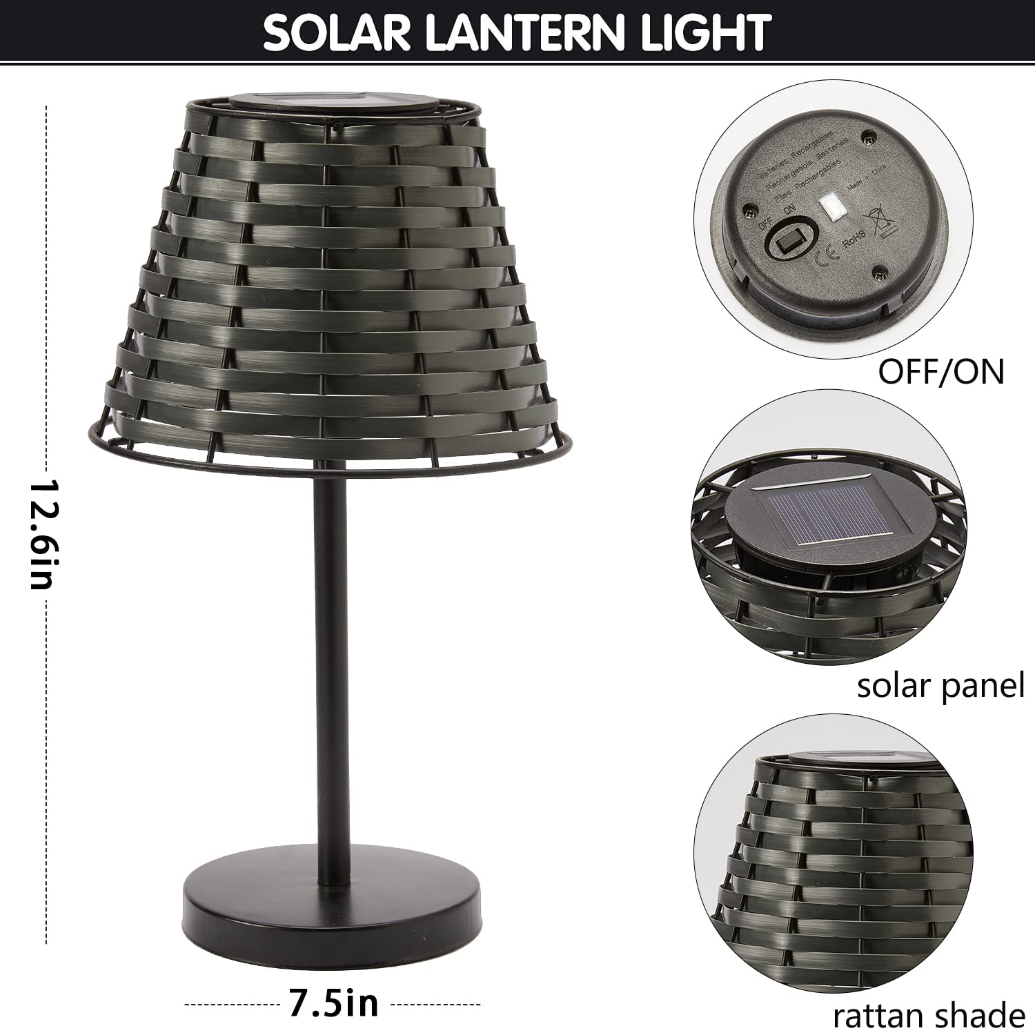 Shumi Solar Table Lamp - Waterproof Vintage Metal Base, Rattan Shell, Minimalist Design For Patio & Indoor