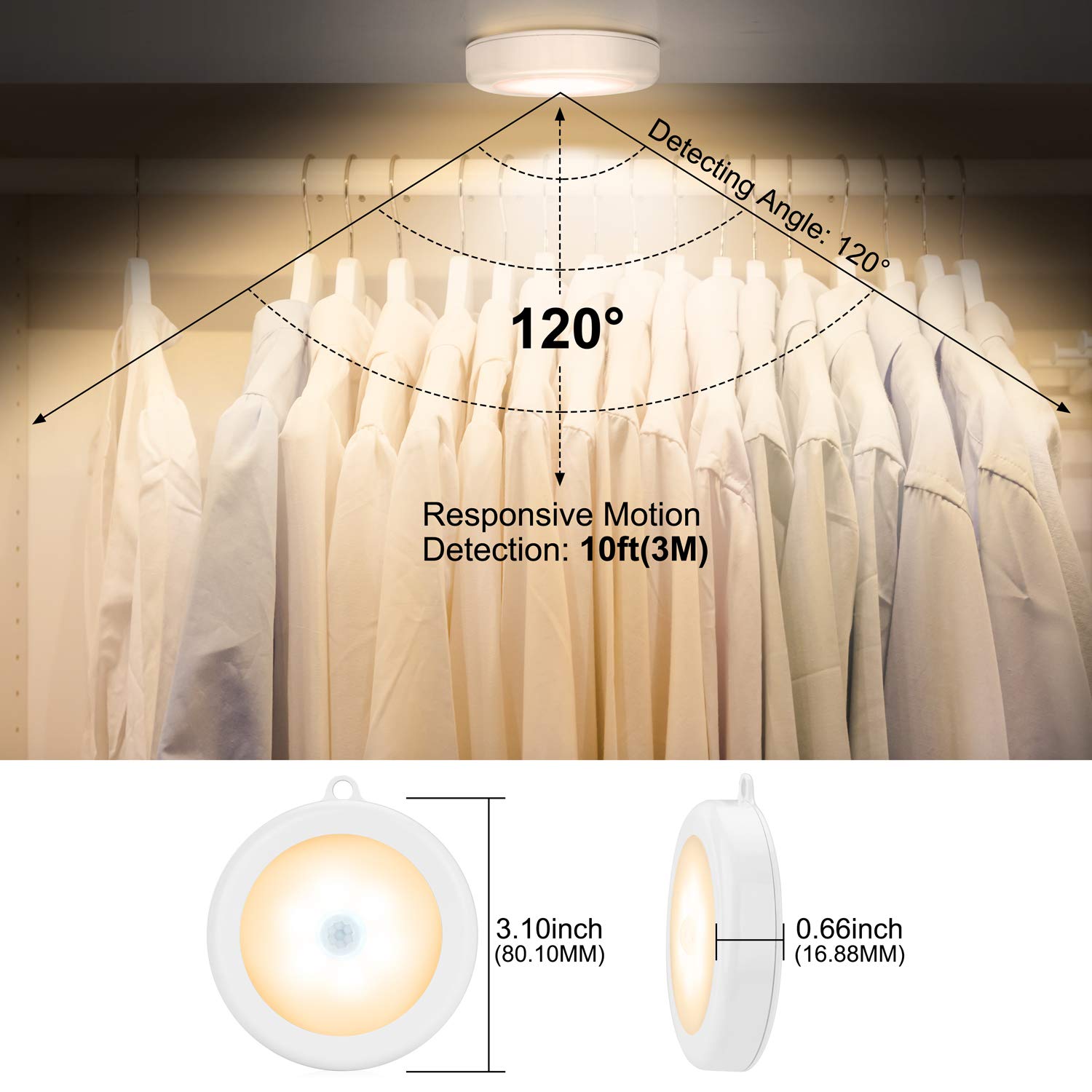 Mlambert Motion Sensor LED Night Light - Cordless Battery-Powered, Stick-on Magnet, Warm White, Safe Lighting for Stairs and Cabinets
