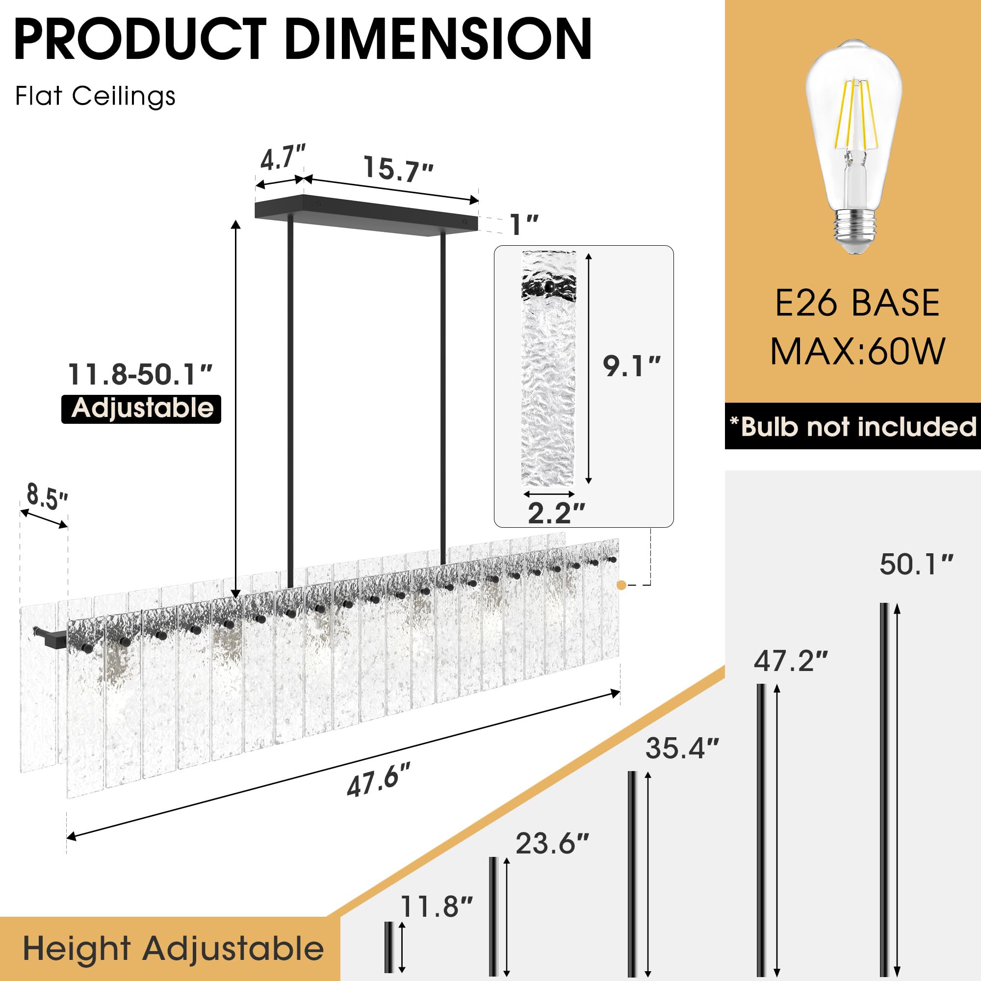 Danshinro 4FT Black Chandelier - Linear Crystal Design, Metal, Fits MAX 60W E26 Bulbs, L22 Model, Water Ripple Glass, 42pcs Glass Sheet