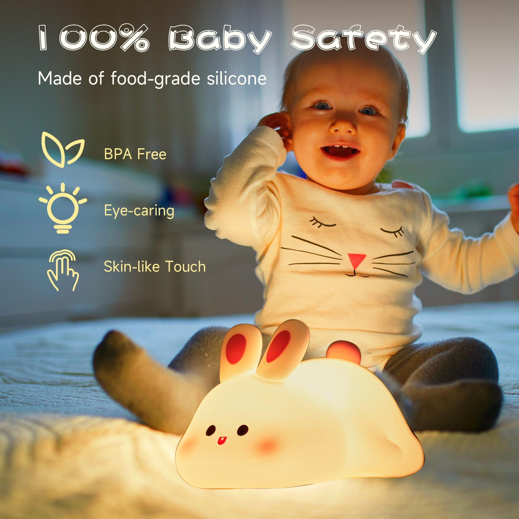 NesveCit LED Night Lamp, Silicone Dimmable Nursery Light, K-1153, Big Face Rabbit