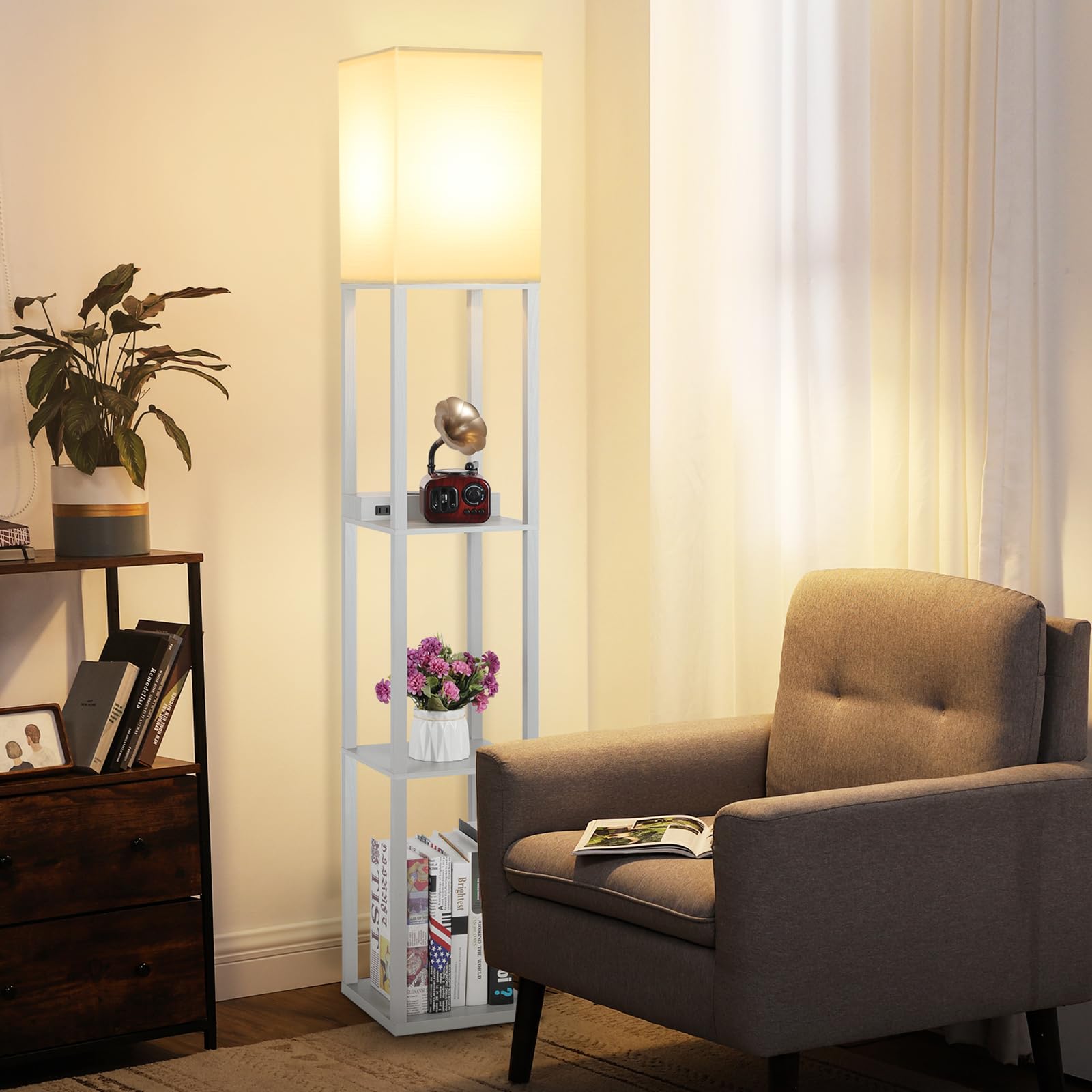 Mlambert Modern Shelf Floor Lamp with Wireless Charger, USB Ports & Power Outlets, 3-Tier Storage, Gray, Model A-092
