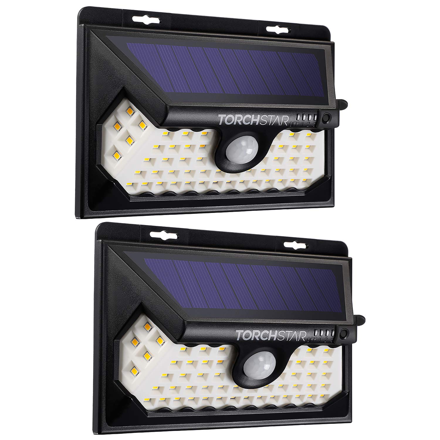 TORCHSTAR 58 LED Solar Security Light, Motion Sensor, IP65 Waterproof, 270° Beam Angle, 2 Pack, Warm White (3000K)