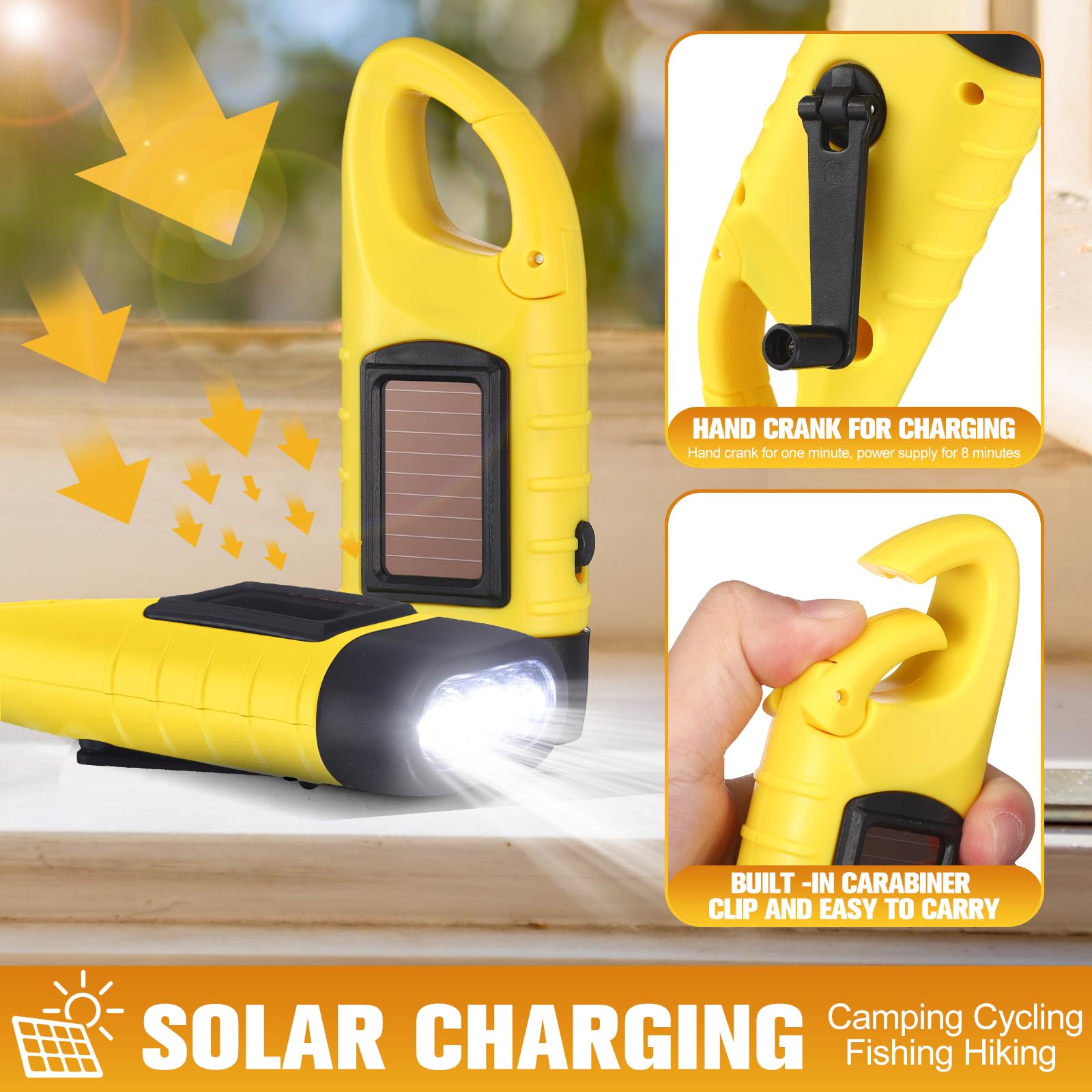 Mudder Hand Crank Solar Flashlights - 6 Pcs LED Emergency Lights for Camping, Hiking - Green & Yellow - Model CL-Mudder-4656