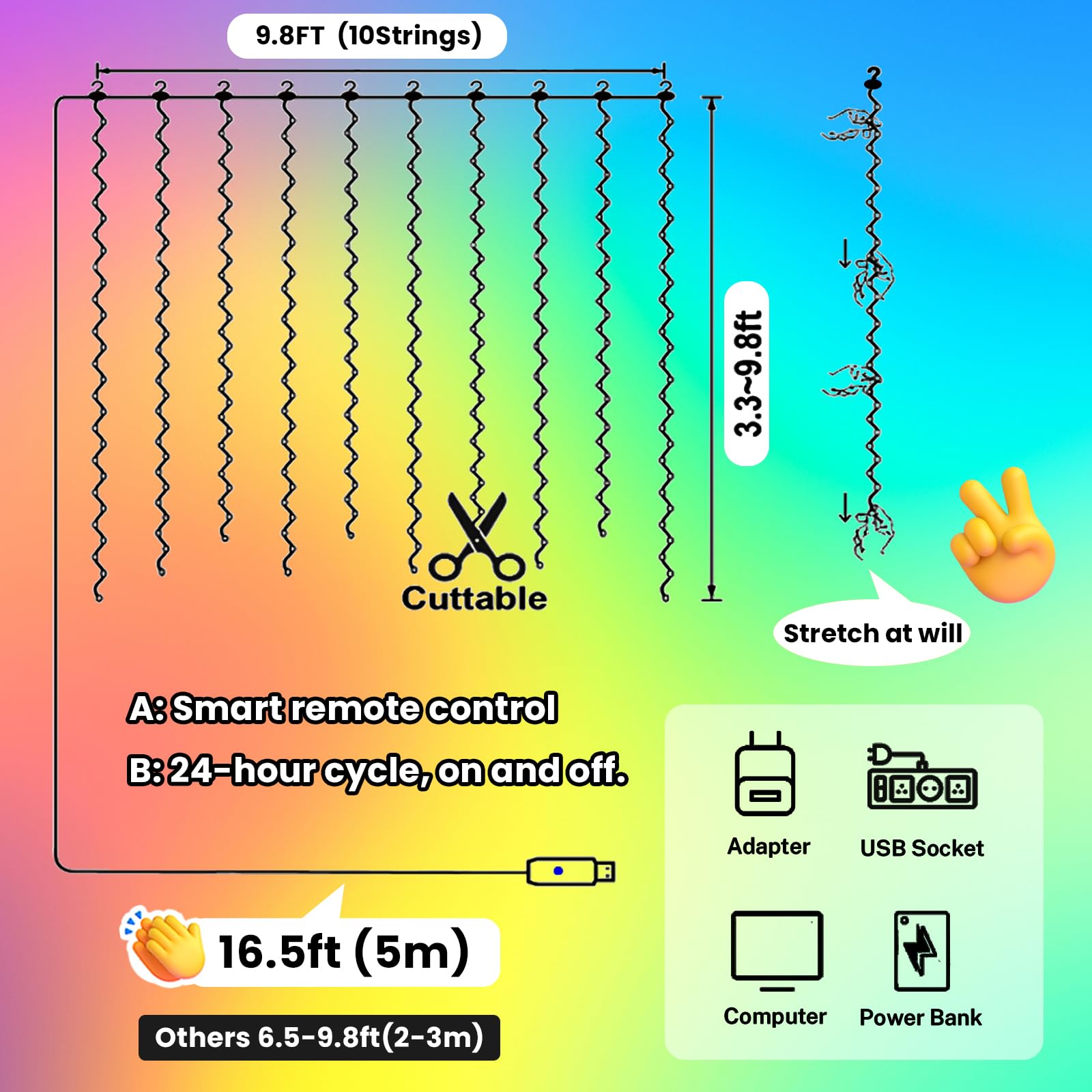 HXWEIYE 300LED Multicolor Fairy Curtain Lights with Remote, 8 Modes, Timer, 9.8x9.8Ft, USB Plug, Silver Copper Wire