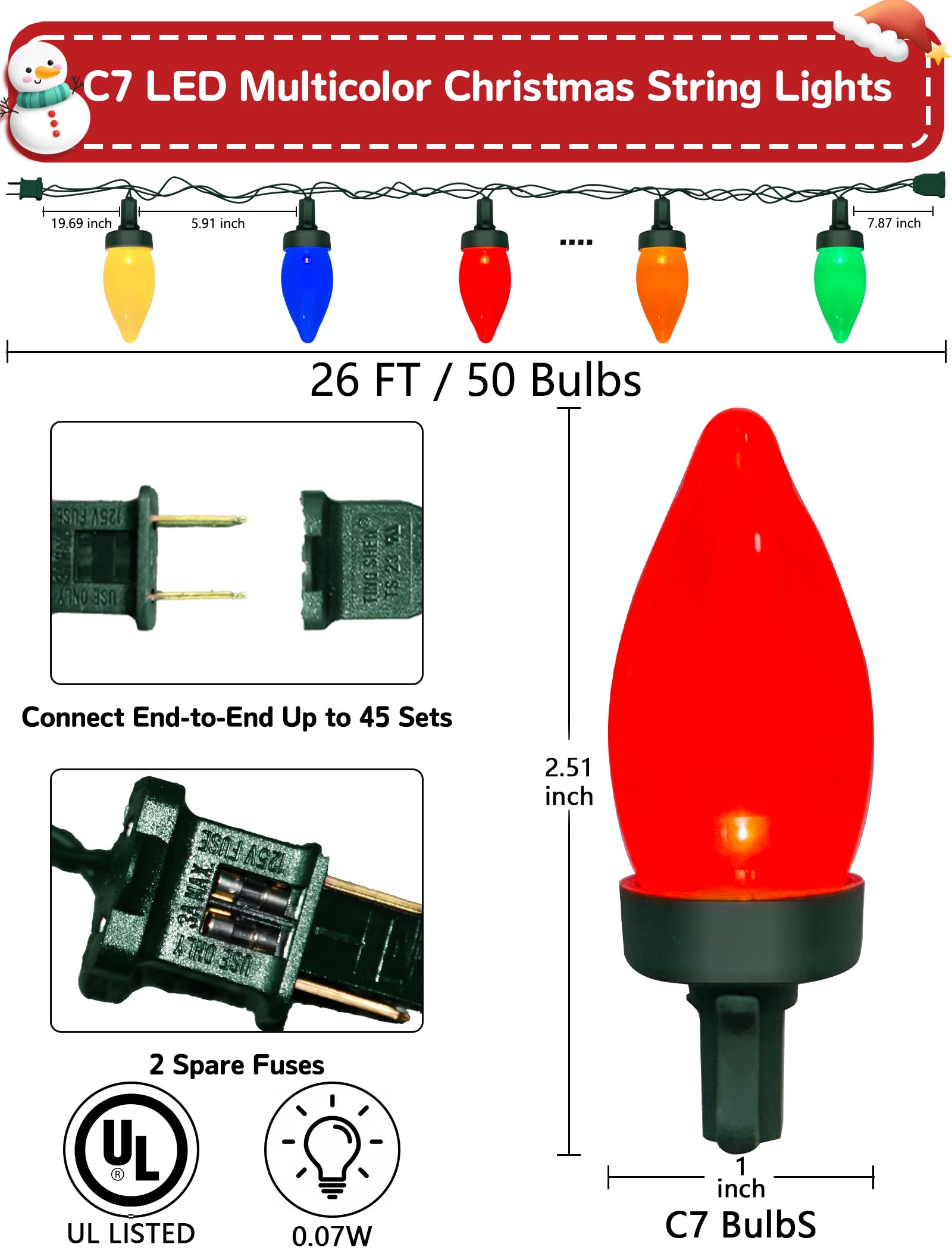 Romasaty C7 Led Christmas Lights  26Ft C7 Vintage Christmas Lights With 50 Multicolor Led Bulbs  Colorful Outdoor String Lights For Xmas Tree Home Party Garden Yard Patio Decorations