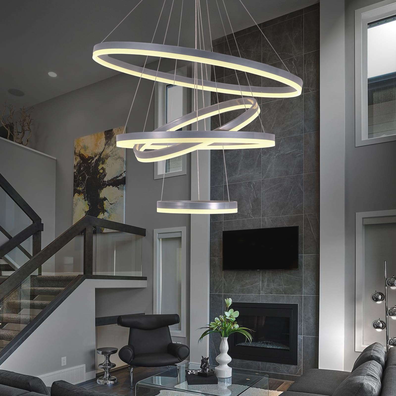 Embring 4 Ring Chandelier, D31.5 Large Led Chandelier Modern Chandelier For Dining Room,High Ceiling Chandeier For Entryway,High Ceilings Chandelier Light Fixture Dimmable With Remote Controller