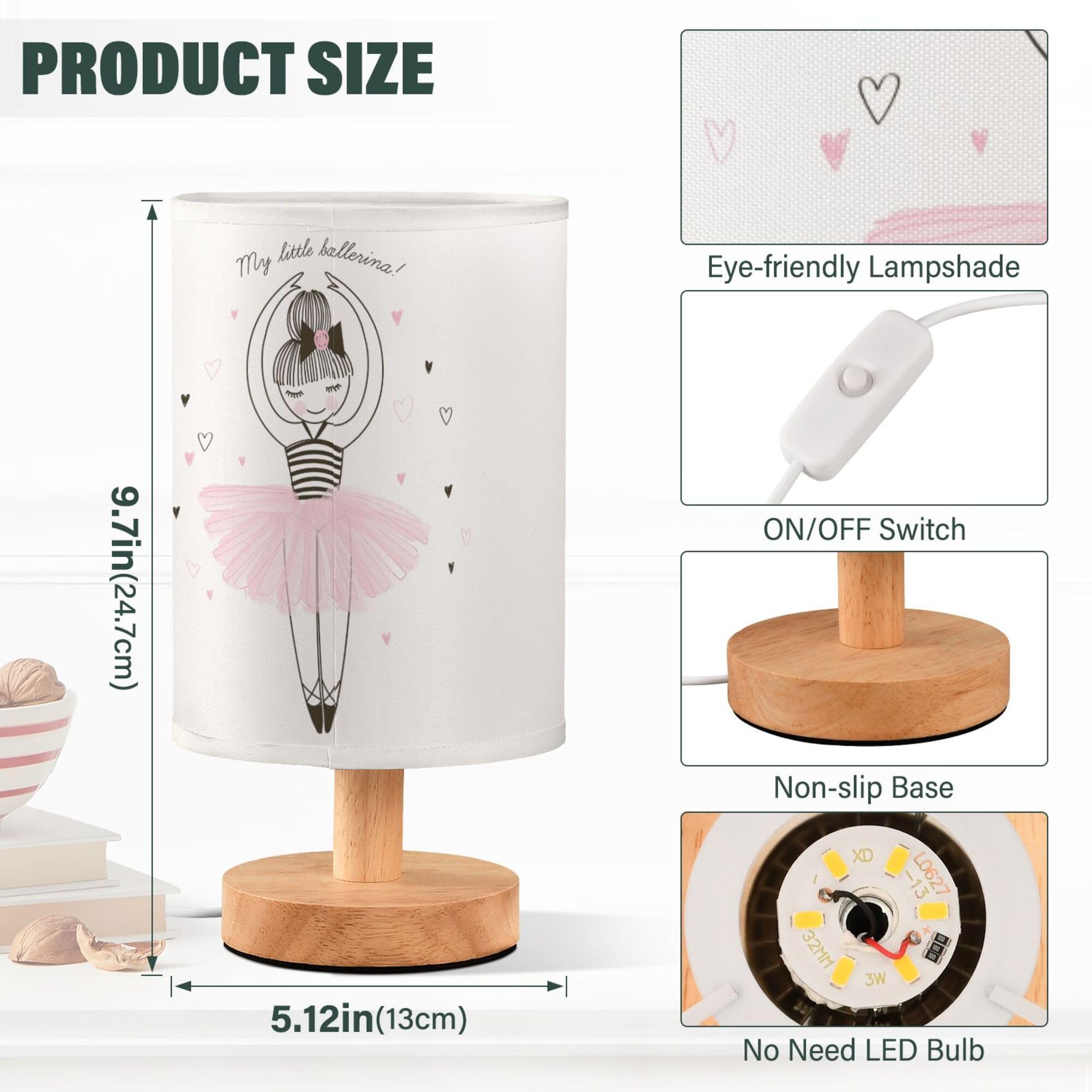 Yyzzh Table Lamp Cute Ballerina Girl Princess Dancing Ballet With Heart Nightstand Lamp With Wood Base Fabric Lamp Shade Bedside