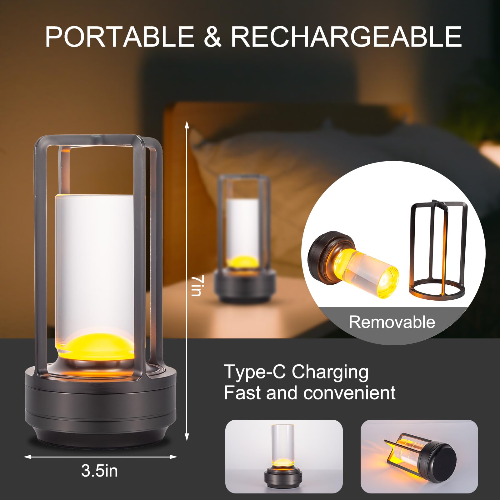 Portable Metal Table Lamp For Indoor/Outdoor ,Rechargeable Cordless Led Lamp, 3-Colour Infinitely Dimming Battery Powered Small