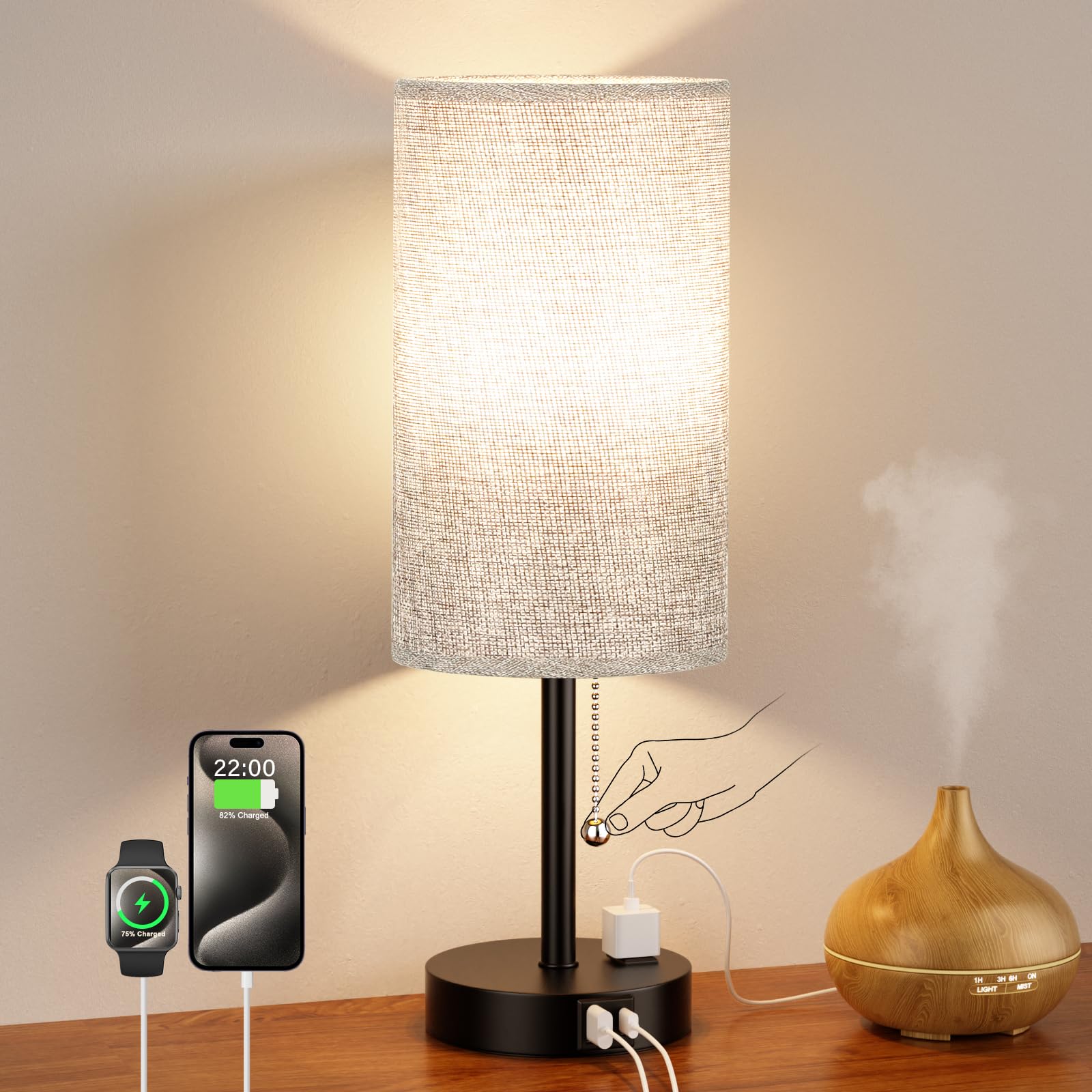 17.4Inches Grey Bedside Lamp for Bedroom Nightstand - Tall Table Lamp with USB A + C Charging Port & AC Outlet, 3 Color Temperat