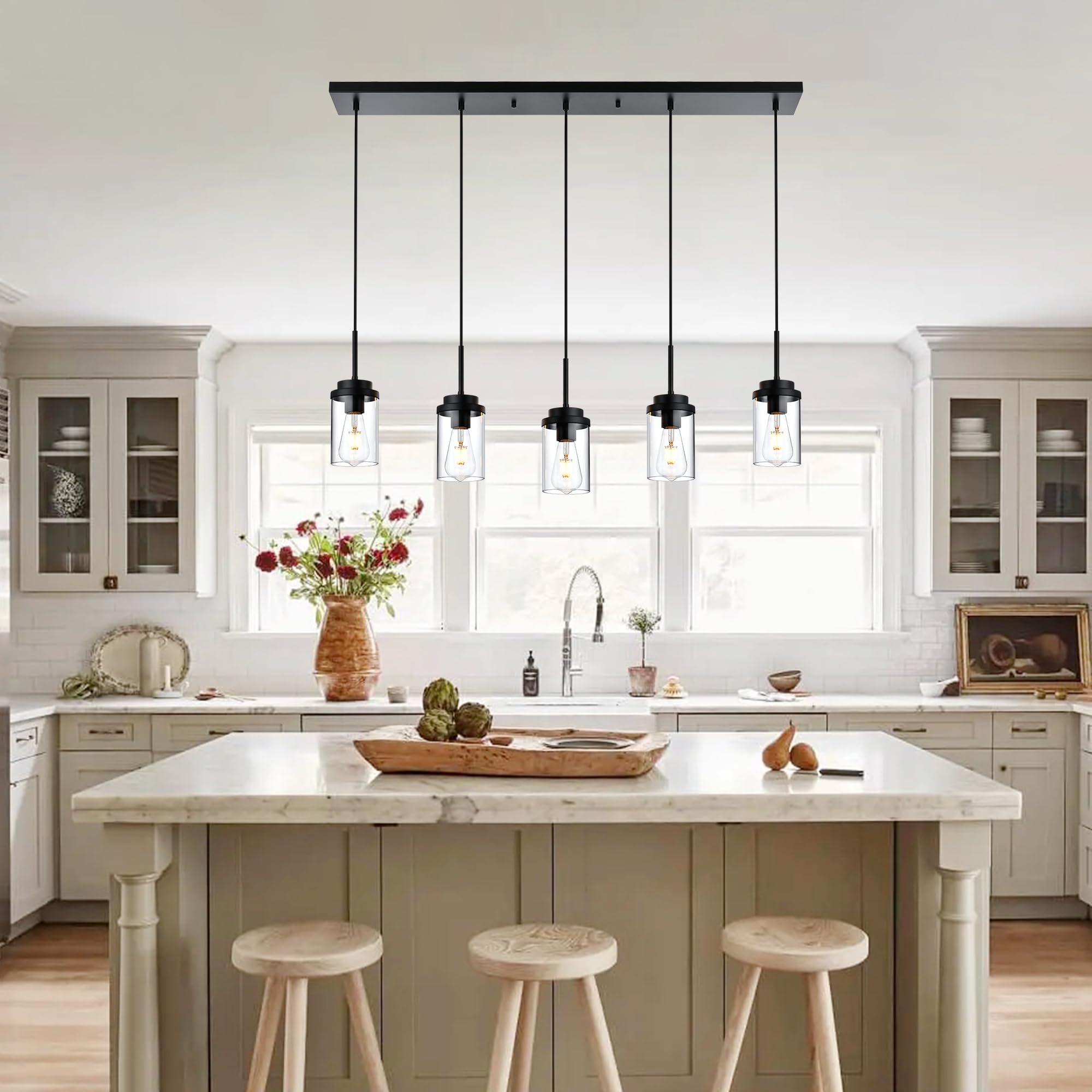 MELUCEE 5 Lights Kitchen Island Lighting - Modern Black Linear Chandelier with Clear Glass Shades, 40.1 Inches Length