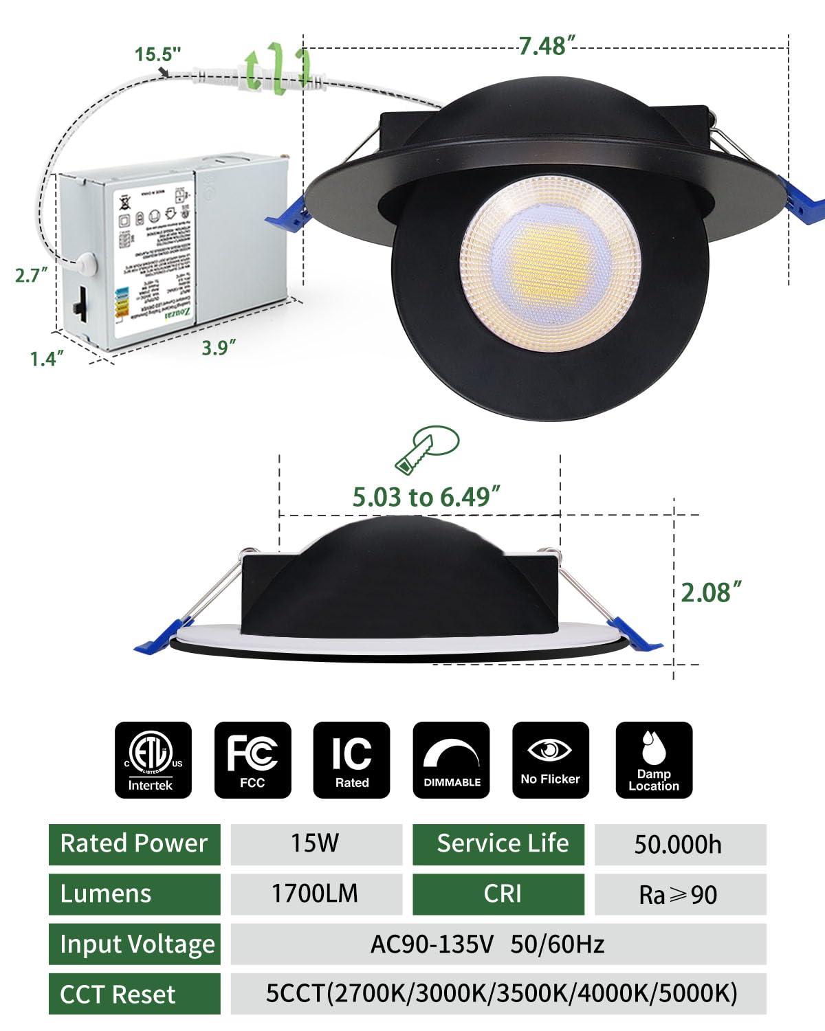 zouzai 6" 5CCT Adjustable Gimbal LED Recessed Lights, Dimmable 2700K-5000K, Black, 12 Pack, ETL & Energy