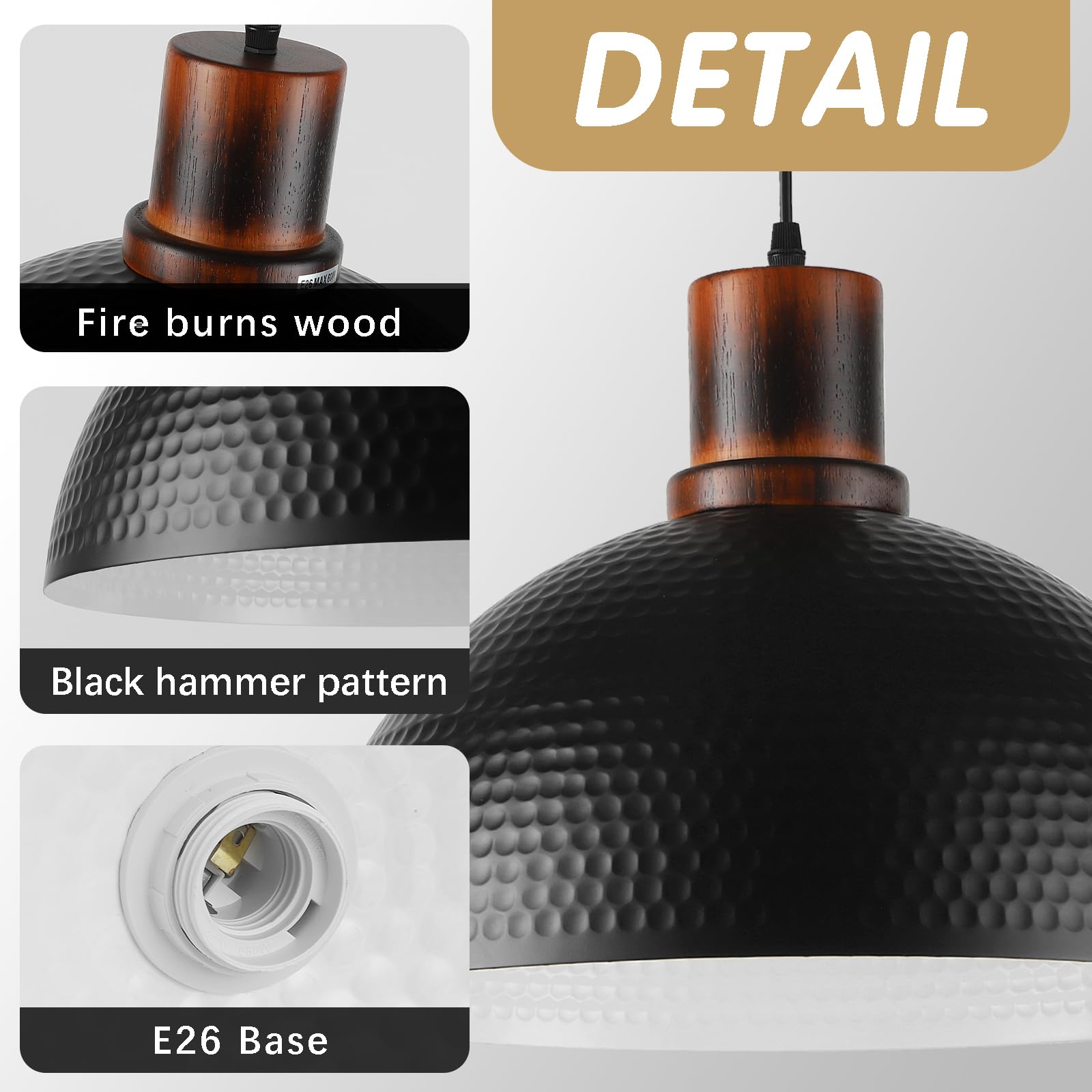 Mgcanyu 2 Pack Solid Wood Pendant Lights, 16" Black Metal Dome Ceiling Fixture for Kitchen Island, Farmhouse Dining Room