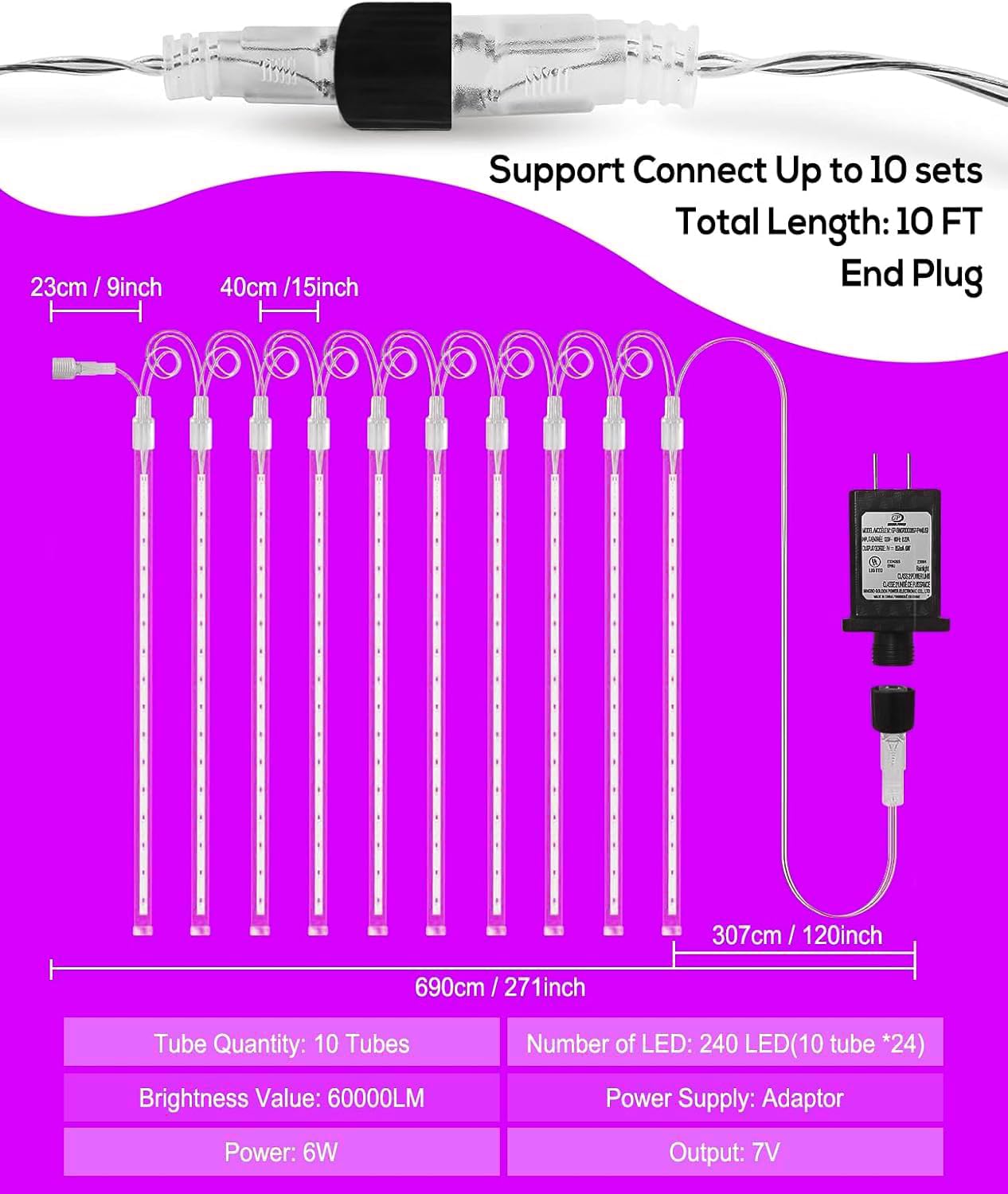 EAGWELL Christmas Rain Lights - 12 Inch 10 Tubes LED Meteor Shower Lights, Shine Purple, Perfect for Weddings & Garden Decor