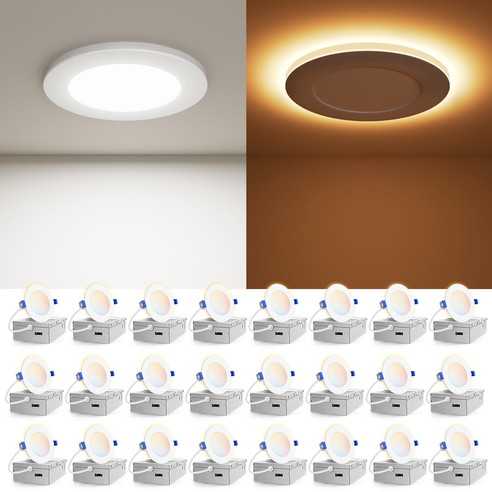 VOLISUN 24 Pack 3 inch 5CCT Recessed Light with Night Light, Canless LED Recessed Lighting 3 inch, 2700K-5000K Selectable, 500LM