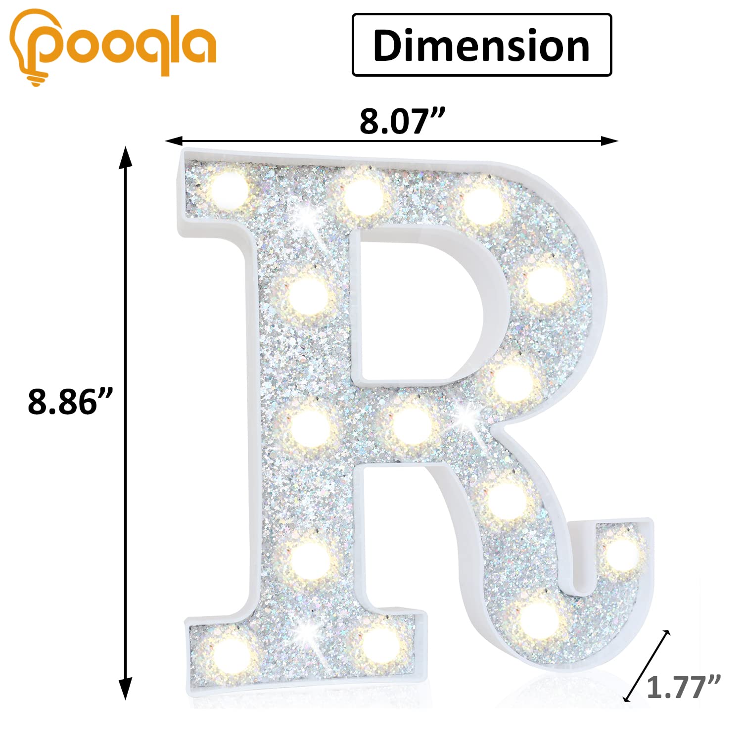 Pooqla Led Marquee Letter Lights, Light Up Silver Letters Glitter Alphabet Letter Sign Battery Powered For Night Light Birthday Party Wedding Girls Gifts Home Bar Christmas Decoration, Silver Letter R